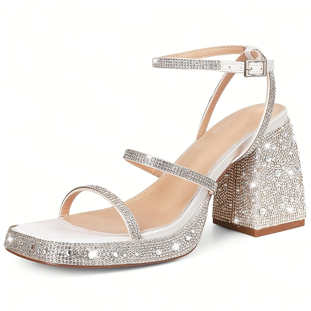 Women's Sparkly Rhinestone Platform Block Chunky High Heels Ankle Strap Square Open Toe Wedding Party Dress Shoes