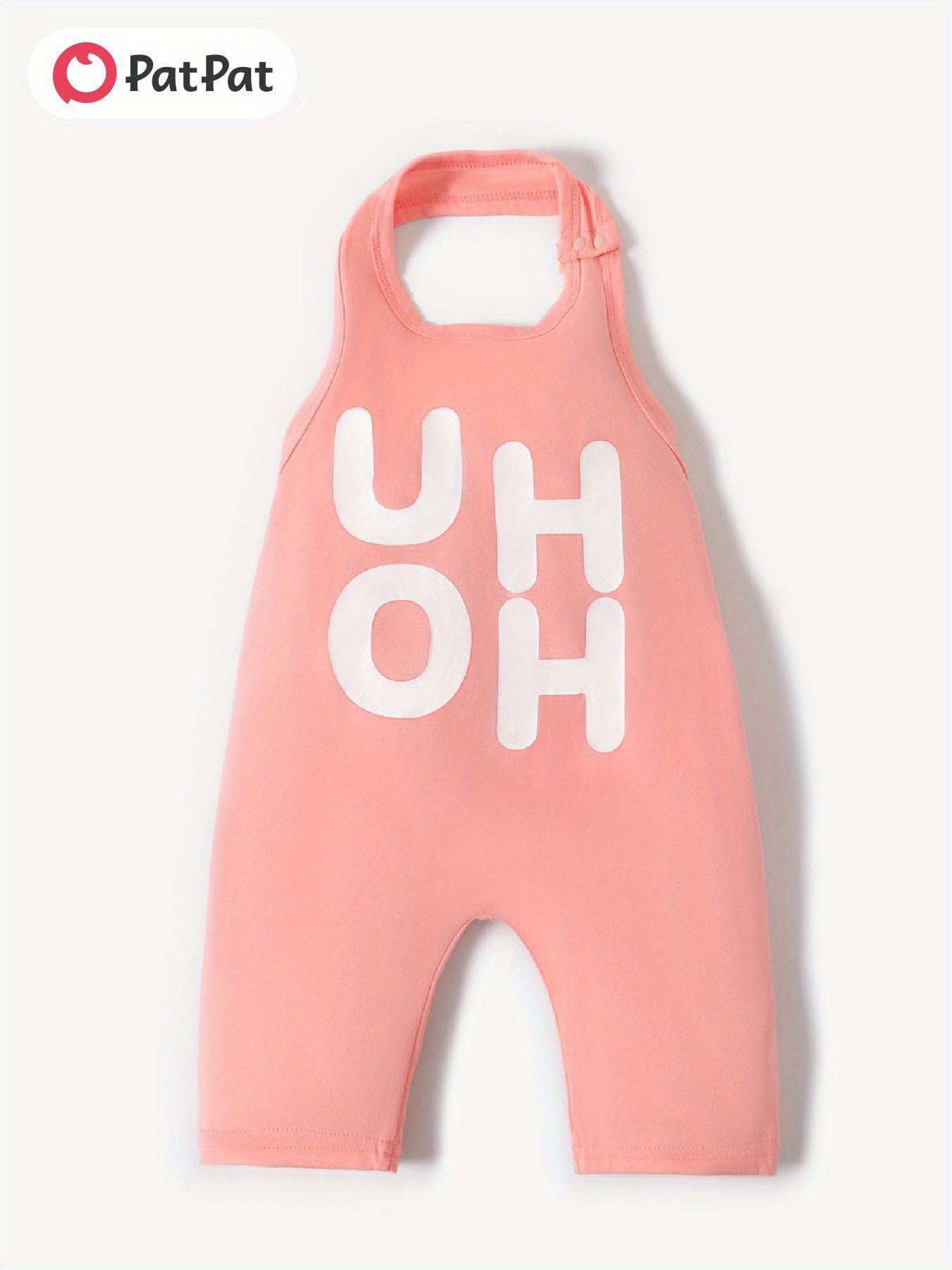 Stylish PatPat Baby Girl Boy Loose Letters Print Sleeveless Summer Backless Halter Jumpsuit for Outdoor Use