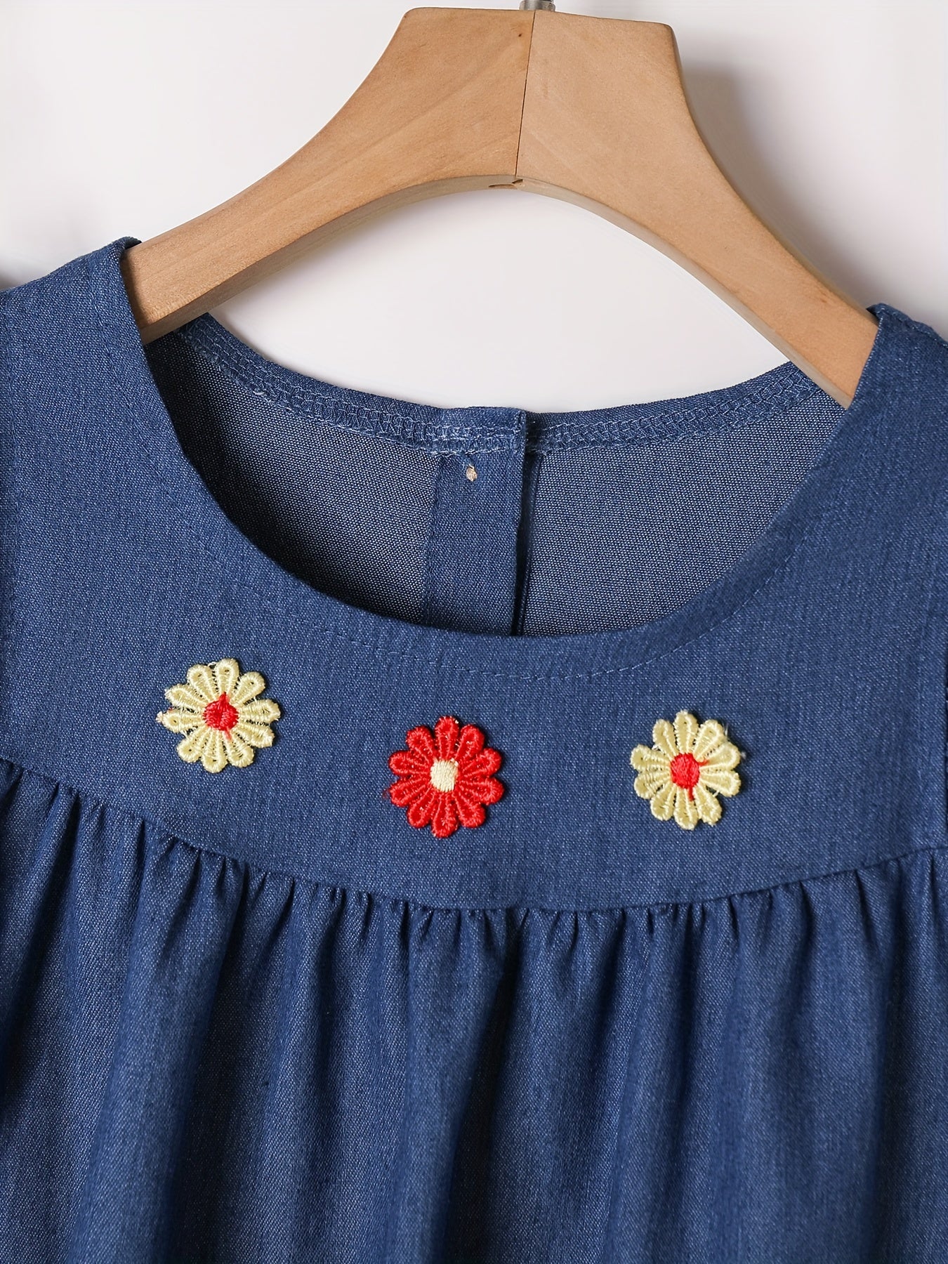 Girls Cotton Embroidered Denim Dress Frill Sleeve Loose Casual Fashion Dress