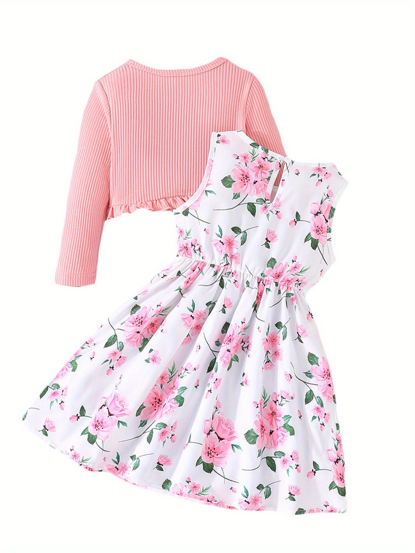 Girl Dress Set Floral Print Round Neck Bow A Line Tank Dress With Ruffled Ribbed Cardigan