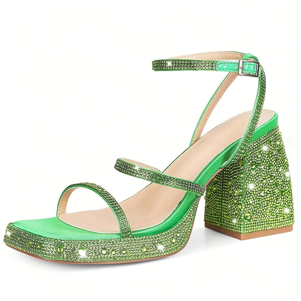 Women's Sparkly Rhinestone Platform Block Chunky High Heels Ankle Strap Square Open Toe Wedding Party Dress Shoes