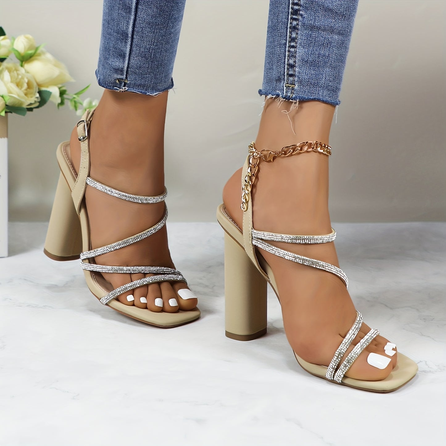 Glaze Womens Silvery Rhinestone Open Toe Strappy High Heel Sandals Ankle Strap for Wedding Party Office