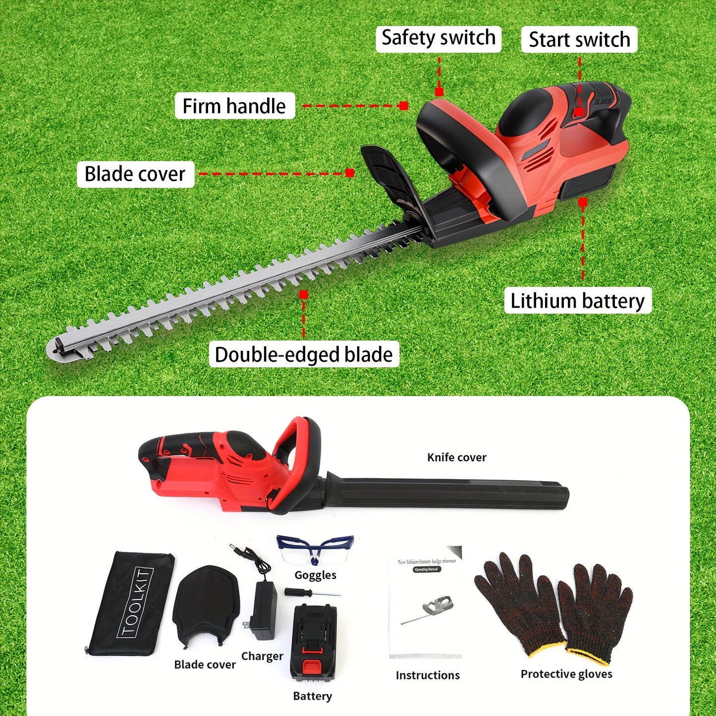 Cordless Hedge Trimmer with Dual-Action Carbon Steel Blade