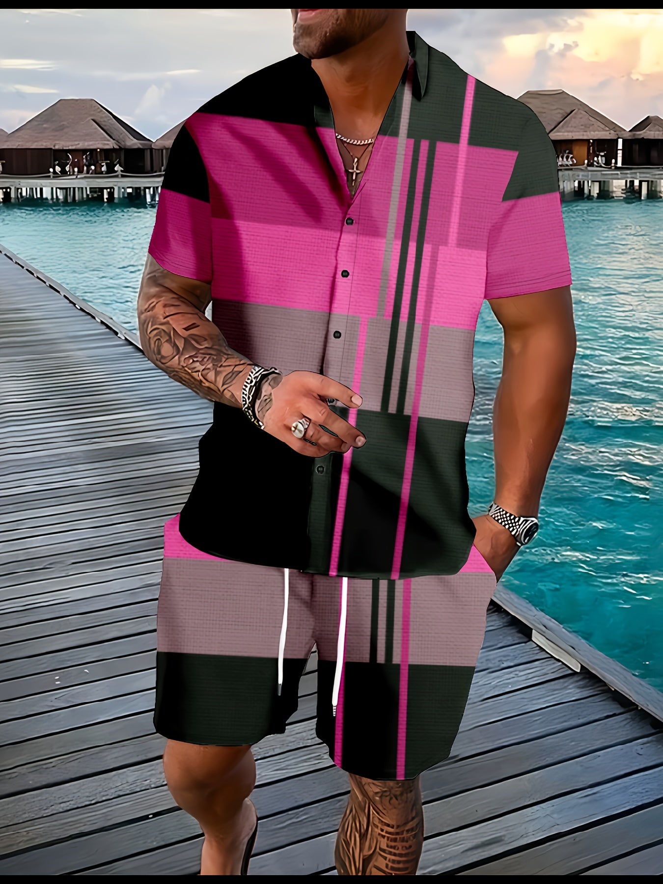 Men's Graphic Plaid Shirt Set for Casual Outdoor Style
