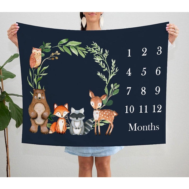 Woodland Baby Monthly Milestone Fleece Blanket Black 50x40 Includes Marker 280gsm Single Sided Digitally Printed Facecloth Blanket