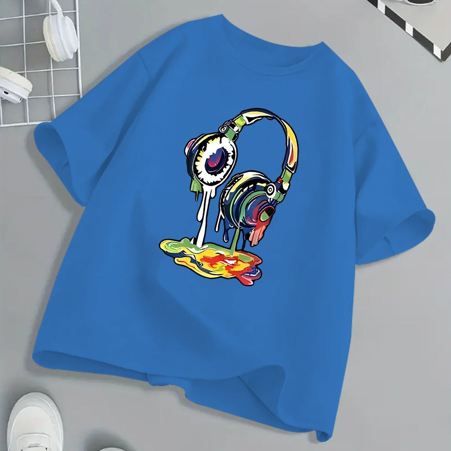 Kids Headphone Paint Print T-Shirt Vibrant Street Art Graphic Tee 10 Color Options 100 Percent Cotton Loose Fit Short Sleeve Summer Casual Wear for Boys and Girls Machine Washable Festive Children's Clothing Trendy Youth Fashion