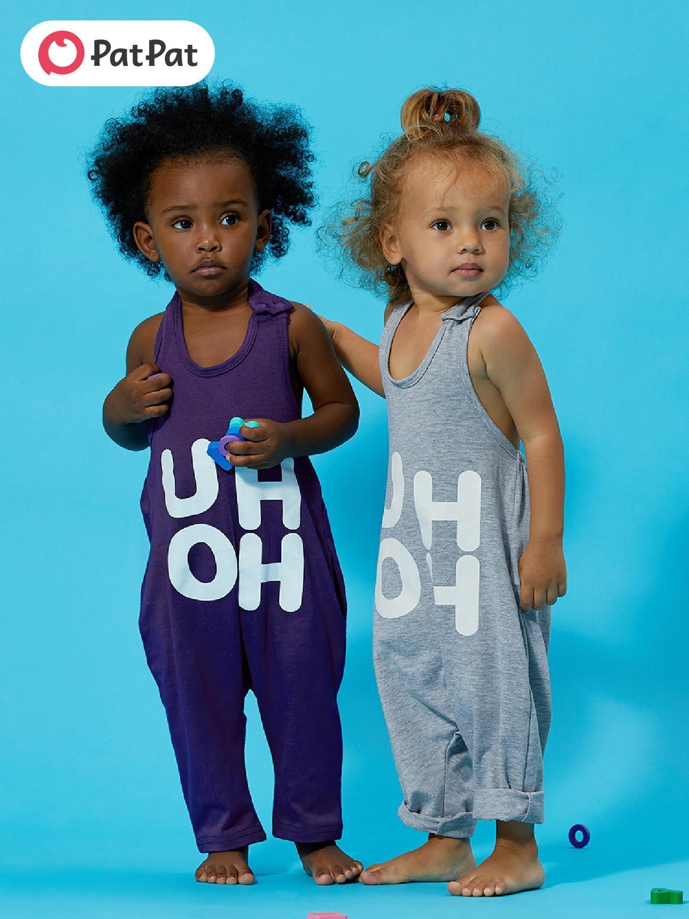 Stylish PatPat Baby Girl Boy Loose Letters Print Sleeveless Summer Backless Halter Jumpsuit for Outdoor Use