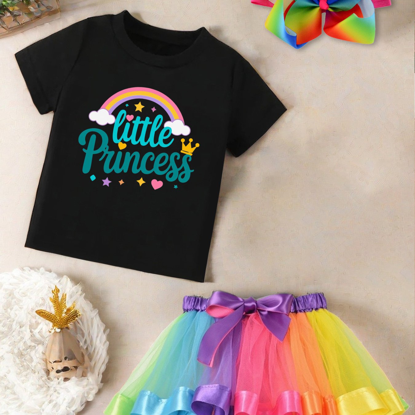 Little Princess Rainbow Tutu Set Girls White T-Shirt And Multicolor Skirt With Bow Hair Clip Cute Outfit For Toddlers And Kids