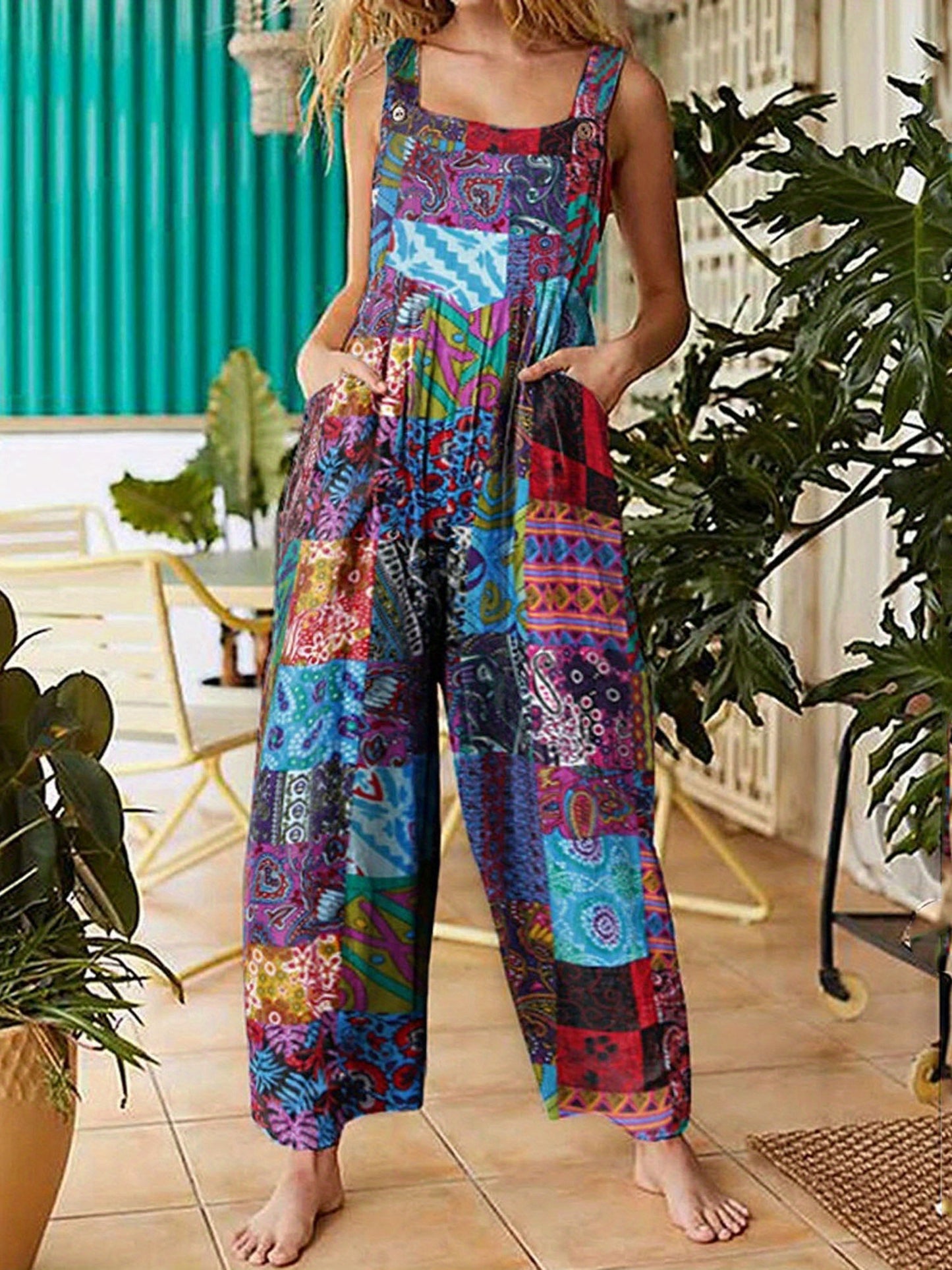Boho Floral Print Women's Summer Jumpsuit with Pockets