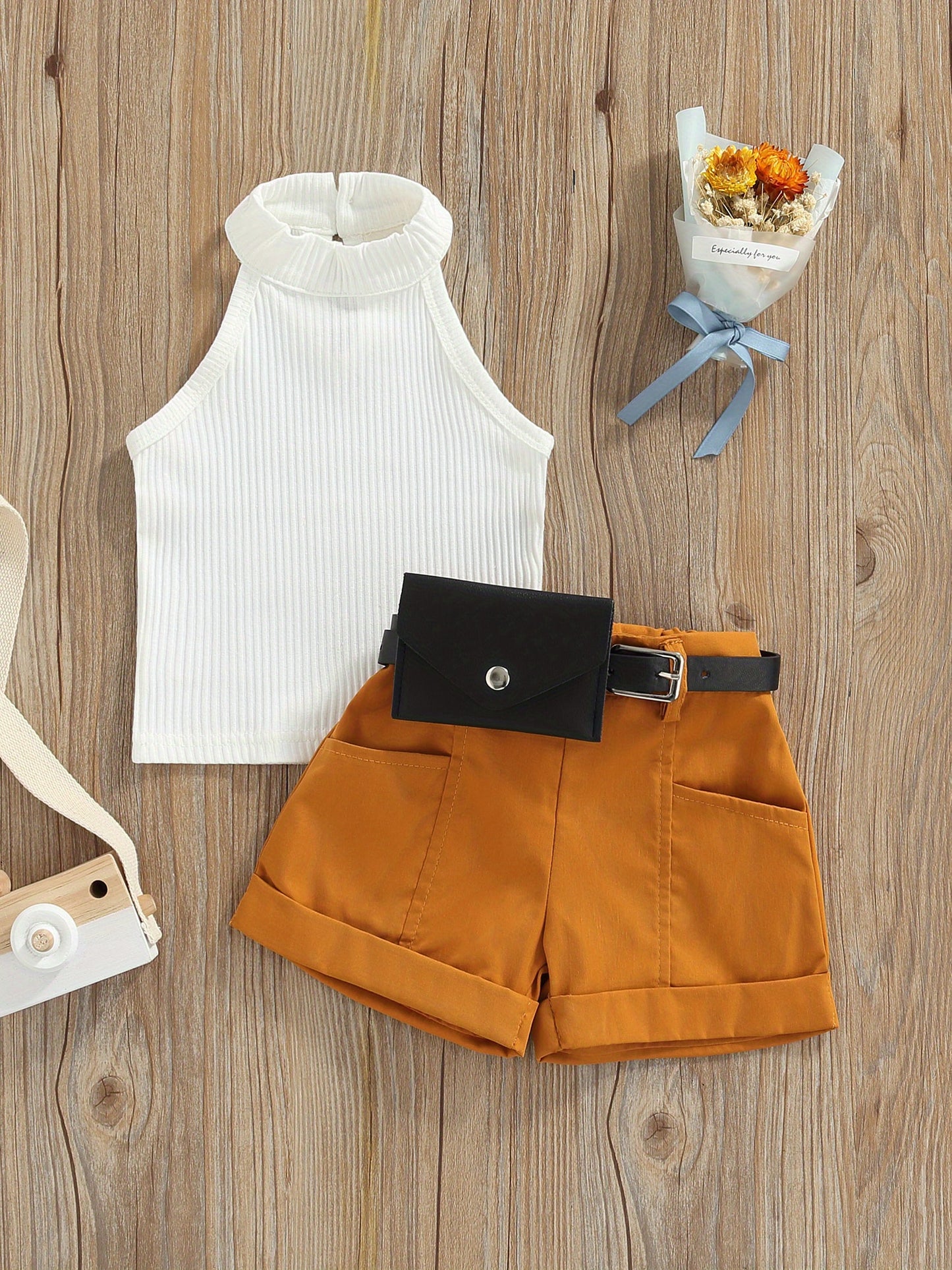 3 Piece Summer Outfit Set for Toddler Girls Aged 6 Months to 4 Years Sleeveless Halter Tops Shorts and Waist Bag Cute Casual Spring and Summer Clothes Perfect for Outdoor Activities