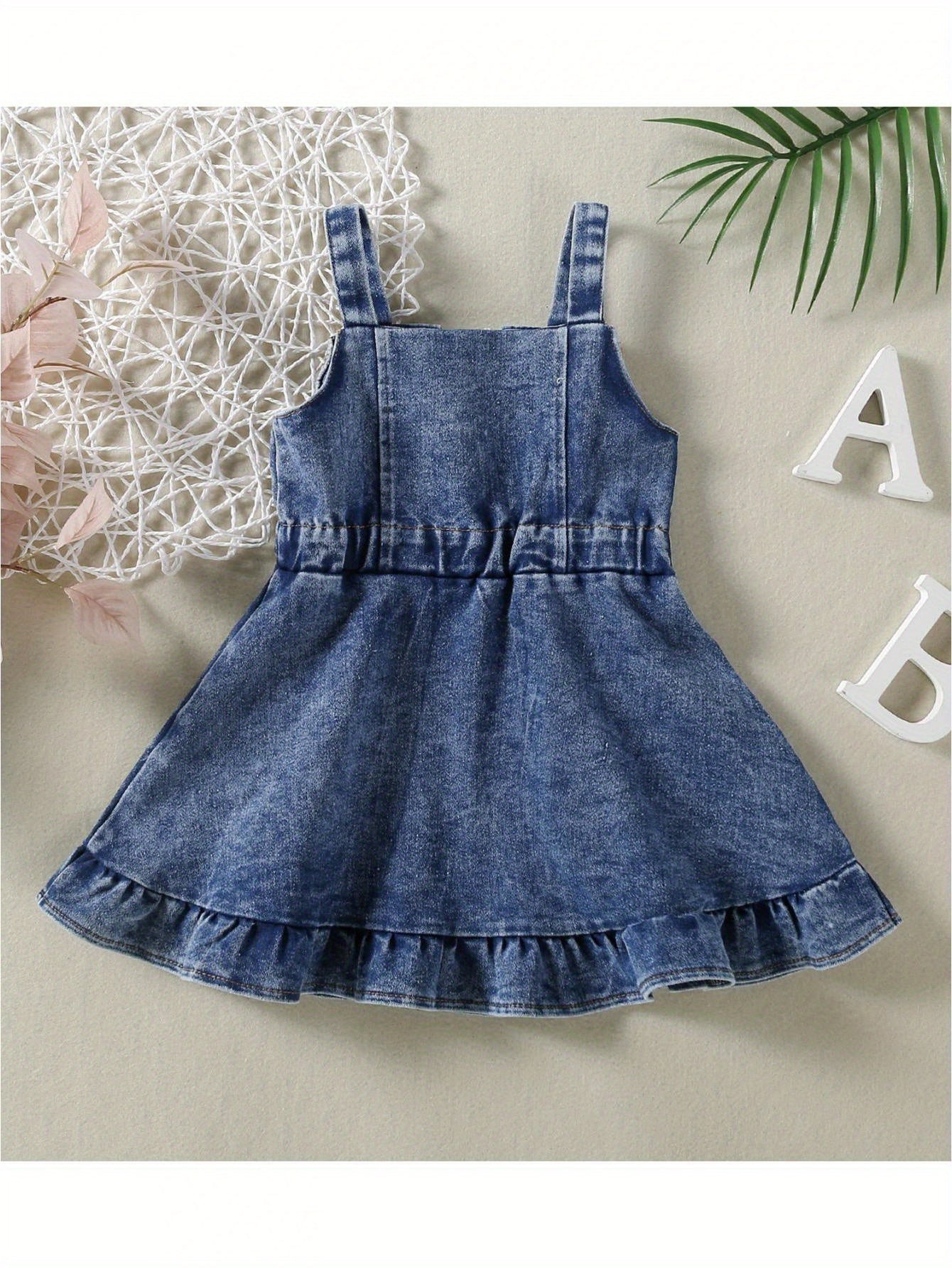 Toddler Girls Summer Denim Dress Fashion Sleeveless Button Ruffle Tank Dress