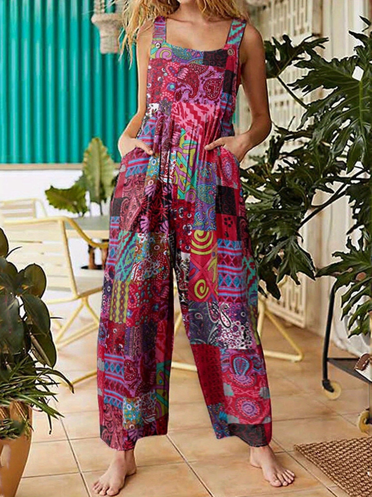 Boho Floral Print Women's Summer Jumpsuit with Pockets