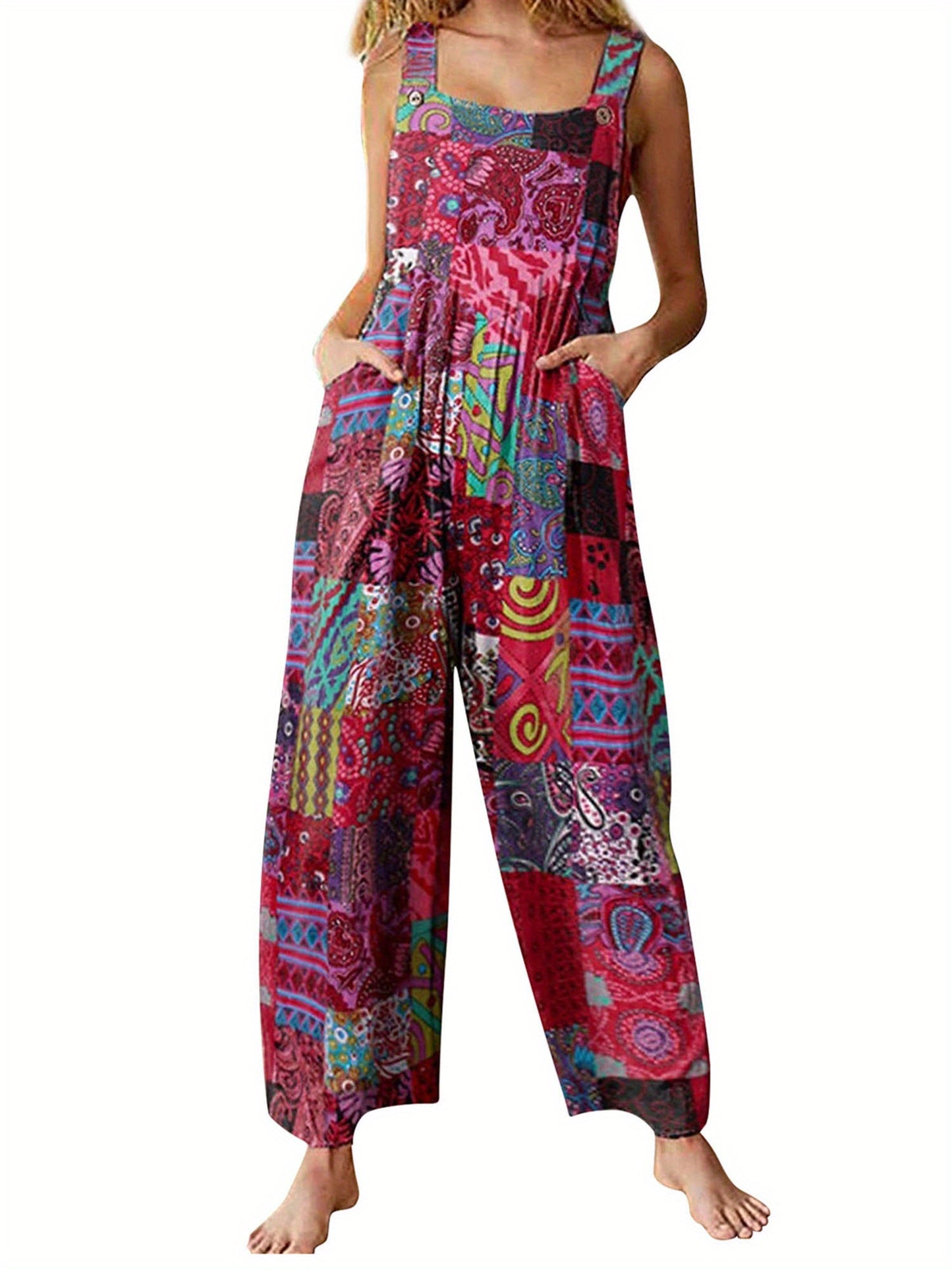 Boho Floral Print Women's Summer Jumpsuit with Pockets