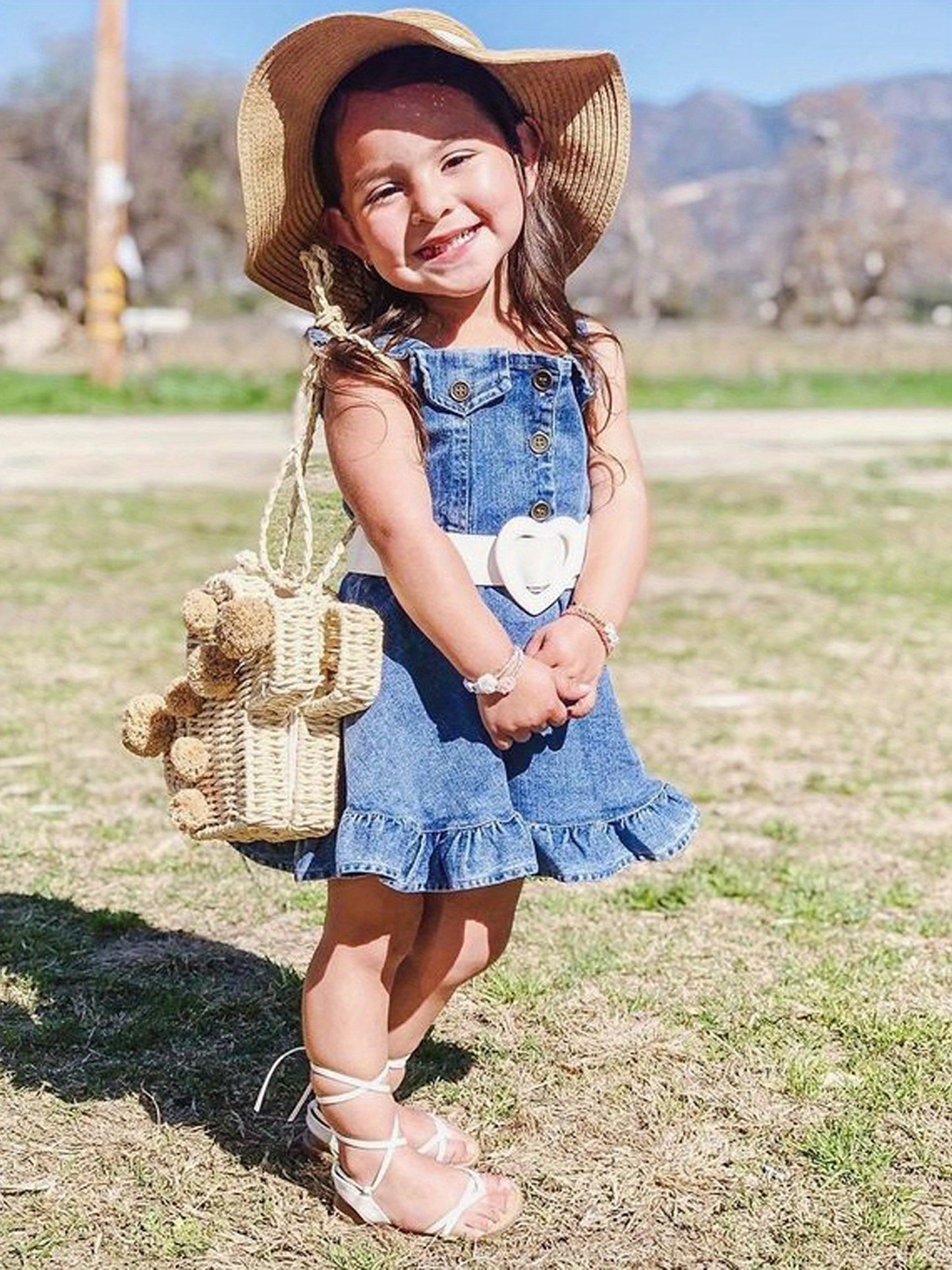 Toddler Girls Summer Denim Dress Fashion Sleeveless Button Ruffle Tank Dress