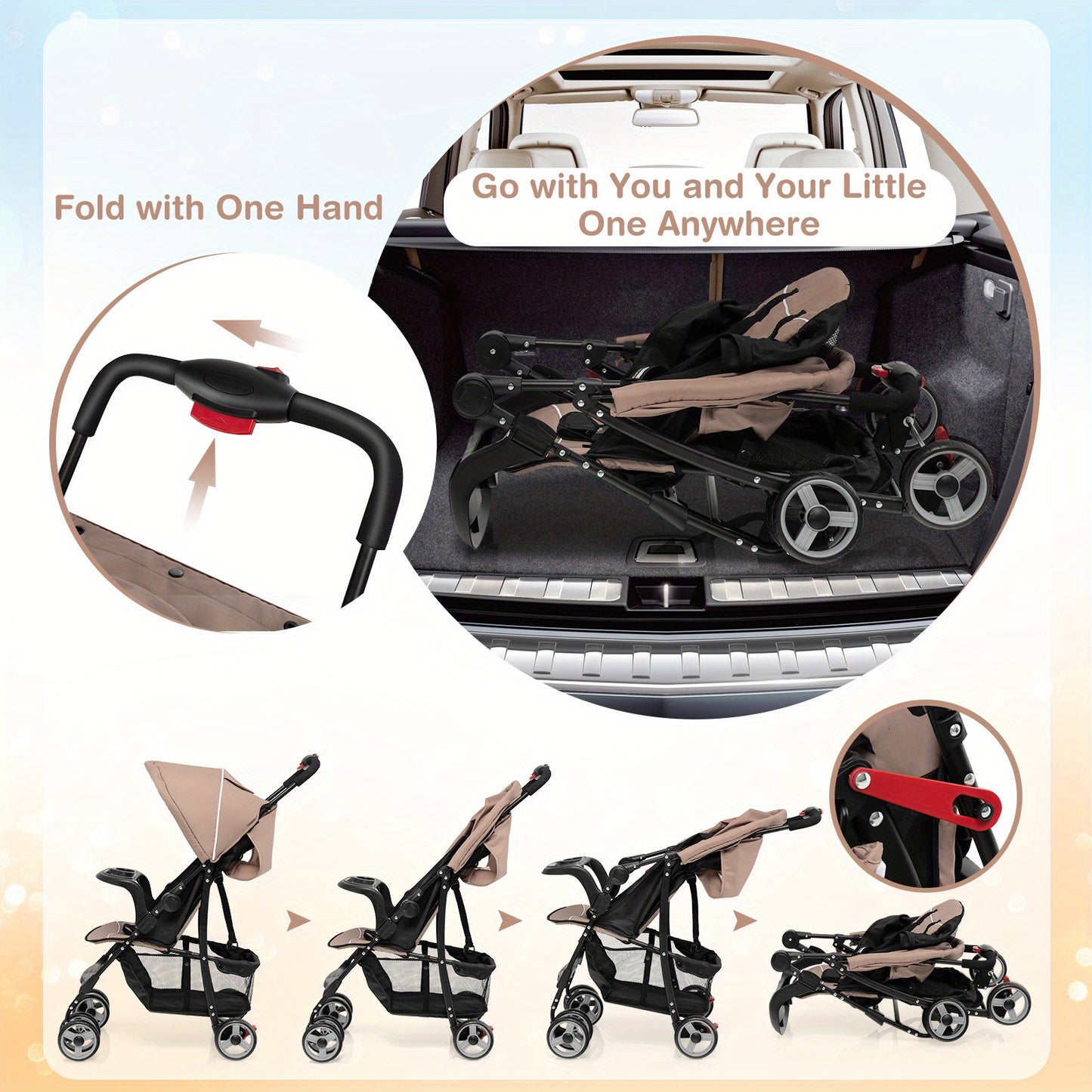 Lightweight Foldable Stroller with Safety System and Storage Options