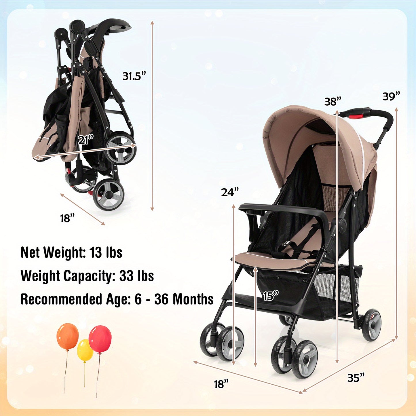 Lightweight Foldable Stroller with Safety System and Storage Options