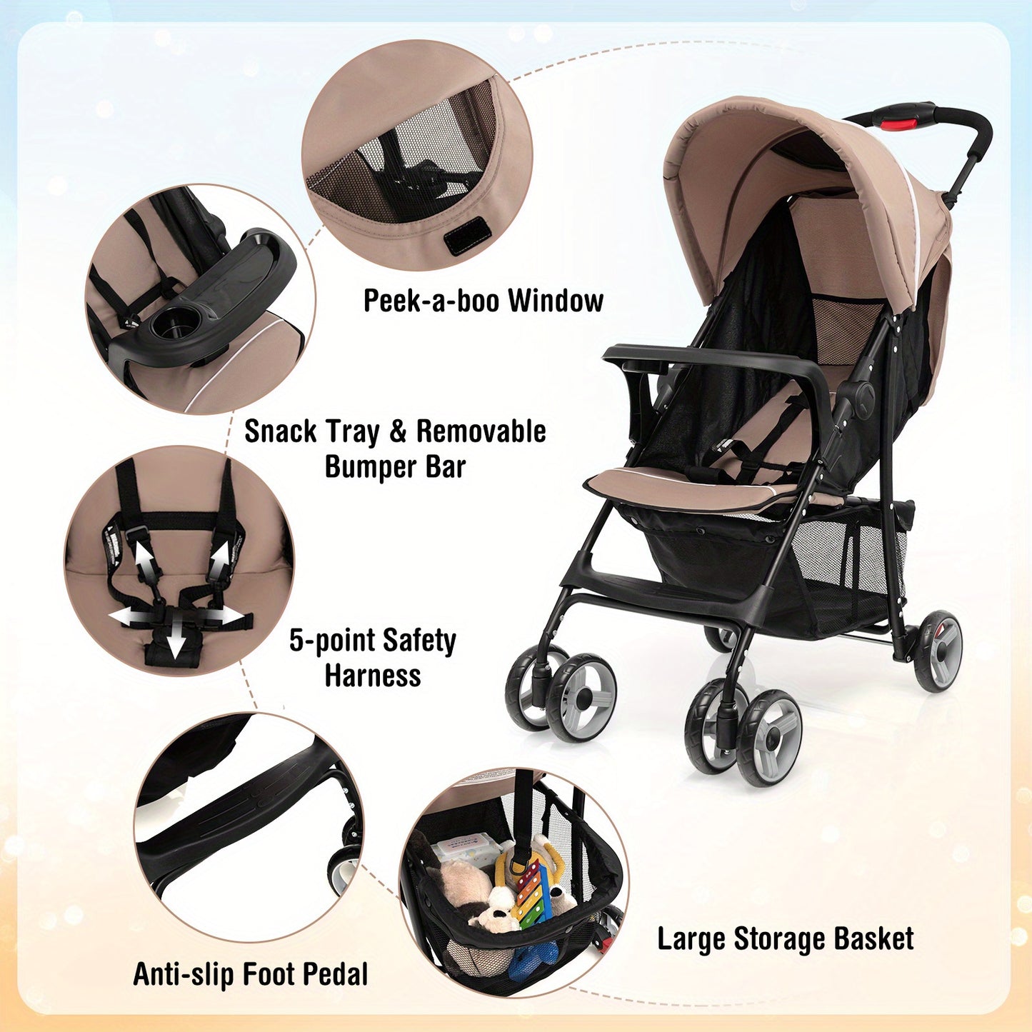 Lightweight Foldable Stroller with Safety System and Storage Options