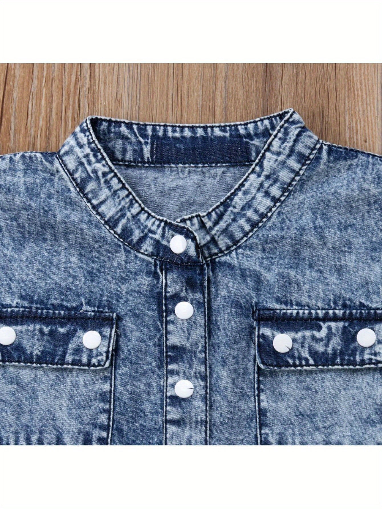 Girls Denim Jumpsuit Cute Sleeveless Folded Collar Button Outfit with Chest Pockets All Season Solid Color Woven Clothing