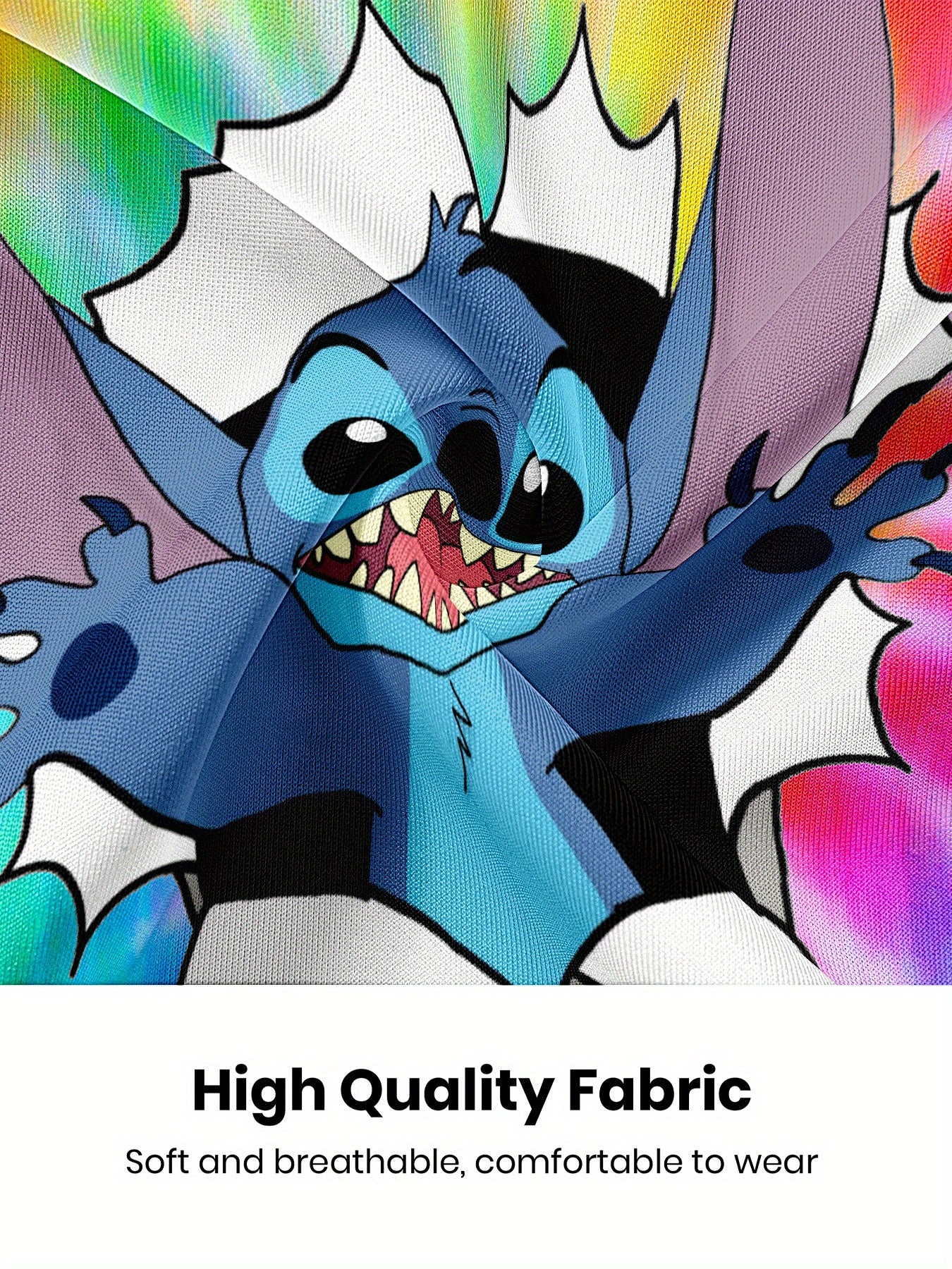 Lilo And Stitch Boys Smiling Character Tie Dye T Shirt Vibrant Blue And Yellow Cartoon Graphic 100 Percent Polyester Regular Fit Short Sleeve Machine Washable For Spring Summer Fall Casual Wear Shirts