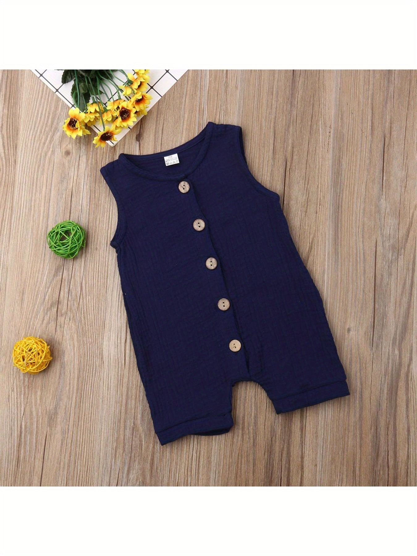 Newborn Baby Boy Sleeveless Solid Color Jumpsuit Crew Neck Button Romper Playsuit Summer Outdoor Clothes