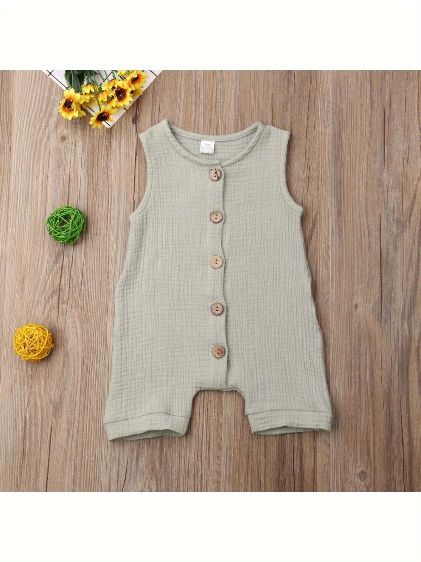 Newborn Baby Boy Sleeveless Solid Color Jumpsuit Crew Neck Button Romper Playsuit Summer Outdoor Clothes