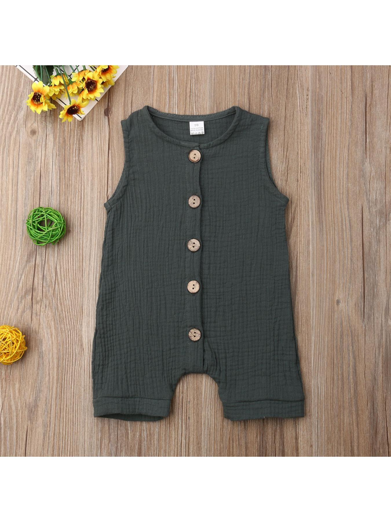 Newborn Baby Boy Sleeveless Solid Color Jumpsuit Crew Neck Button Romper Playsuit Summer Outdoor Clothes