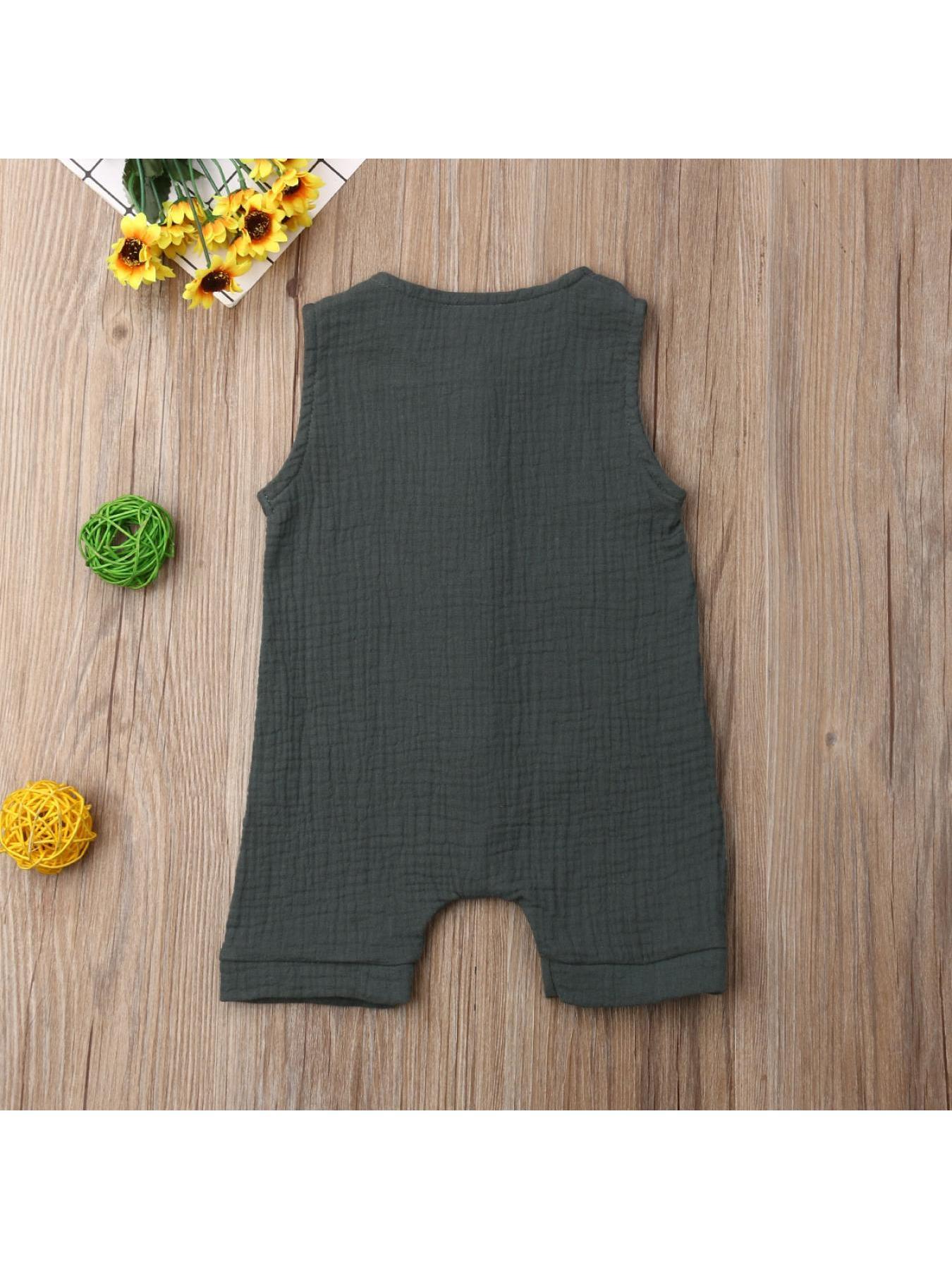 Newborn Baby Boy Sleeveless Solid Color Jumpsuit Crew Neck Button Romper Playsuit Summer Outdoor Clothes
