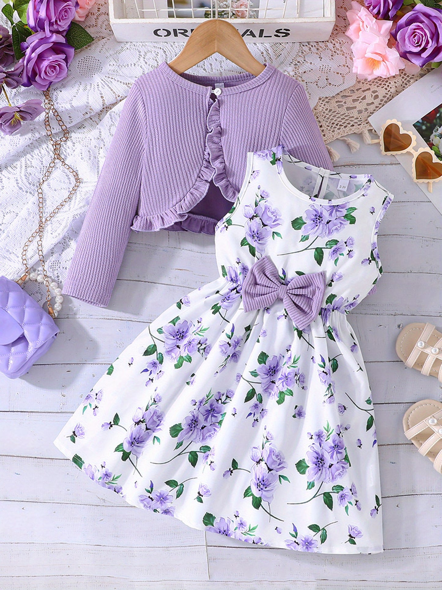 Girl Dress Set Floral Print Round Neck Bow A Line Tank Dress With Ruffled Ribbed Cardigan