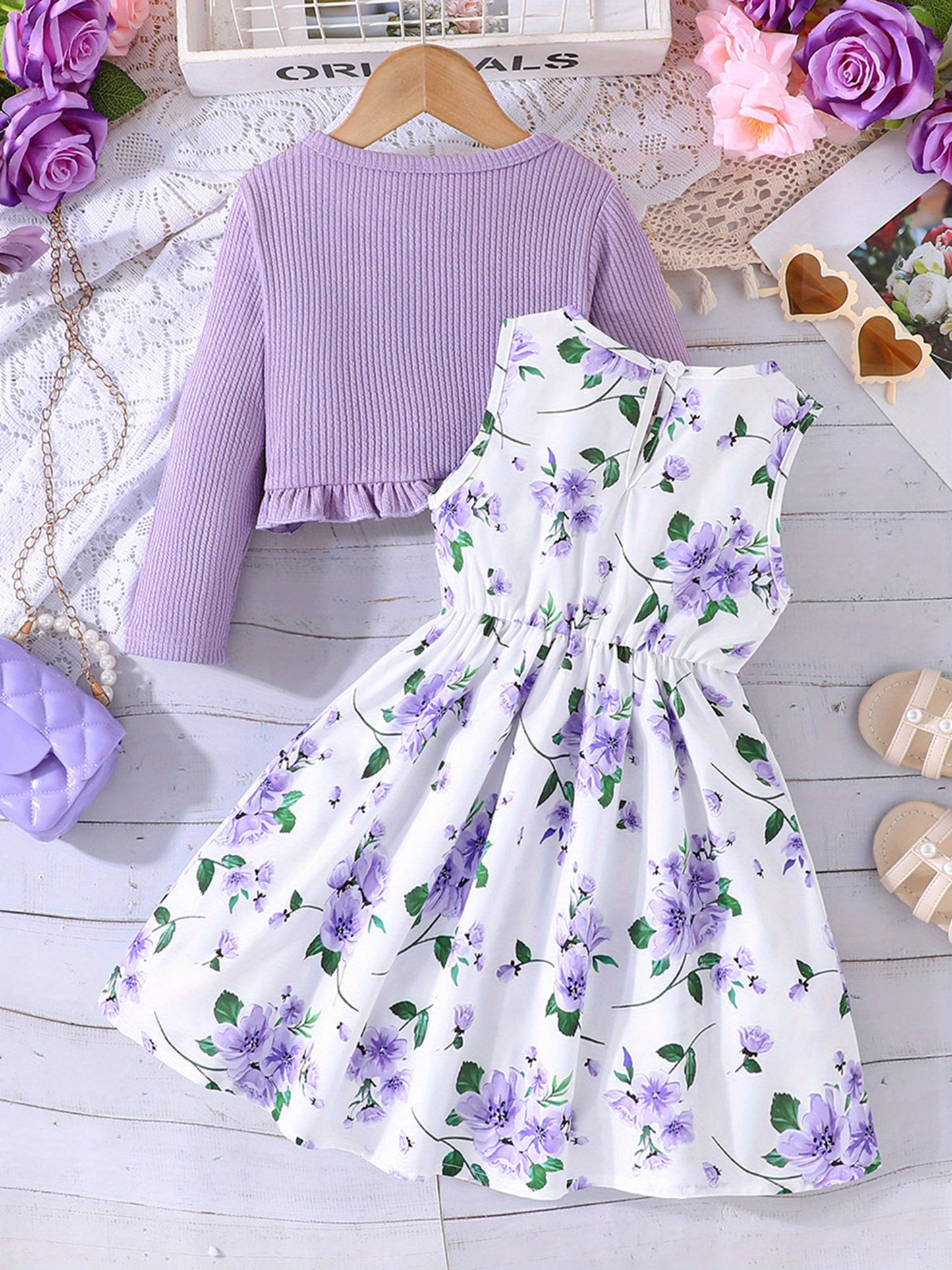 Girl Dress Set Floral Print Round Neck Bow A Line Tank Dress With Ruffled Ribbed Cardigan