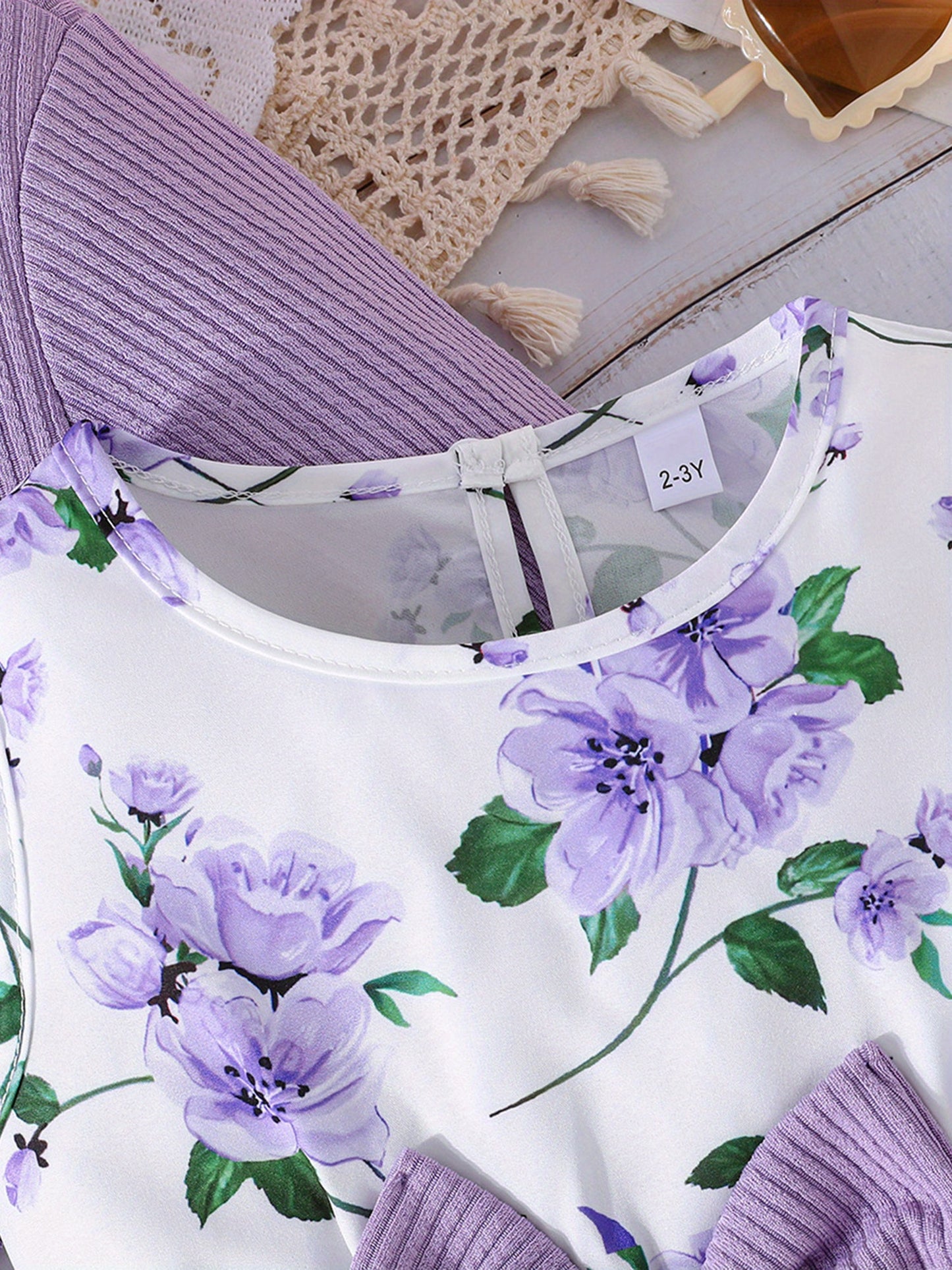 Girl Dress Set Floral Print Round Neck Bow A Line Tank Dress With Ruffled Ribbed Cardigan