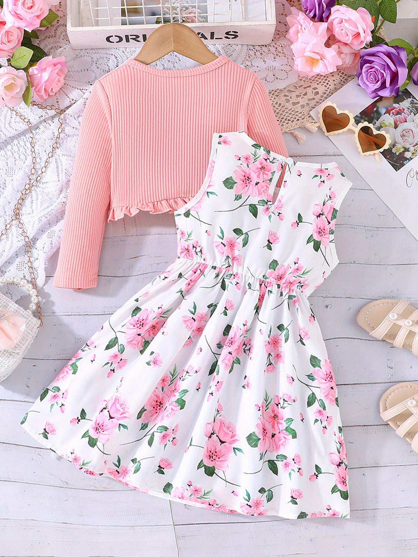 Girl Dress Set Floral Print Round Neck Bow A Line Tank Dress With Ruffled Ribbed Cardigan
