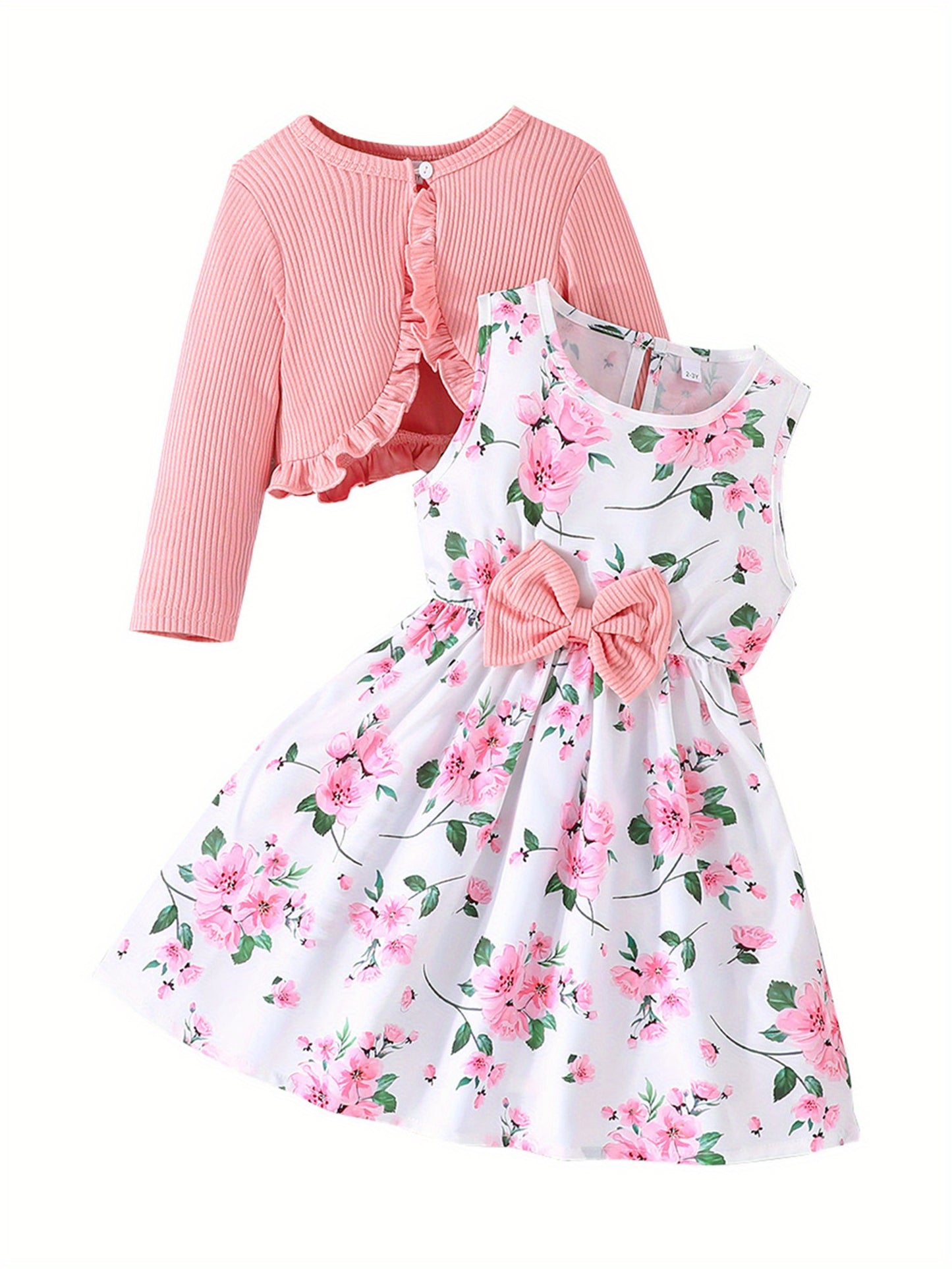 Girl Dress Set Floral Print Round Neck Bow A Line Tank Dress With Ruffled Ribbed Cardigan
