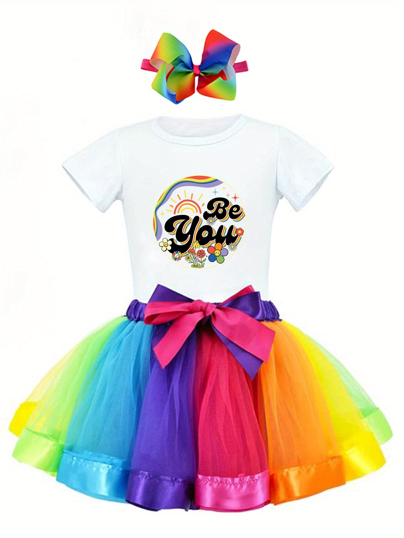 PUEMCO Girls 3pcs Rainbow Print Outfit Casual Crew Neck T-Shirt With Be You Graphic And Colorful Tutu Skirt Set Cotton Ideal For Outdoor Leisure And Home Wear