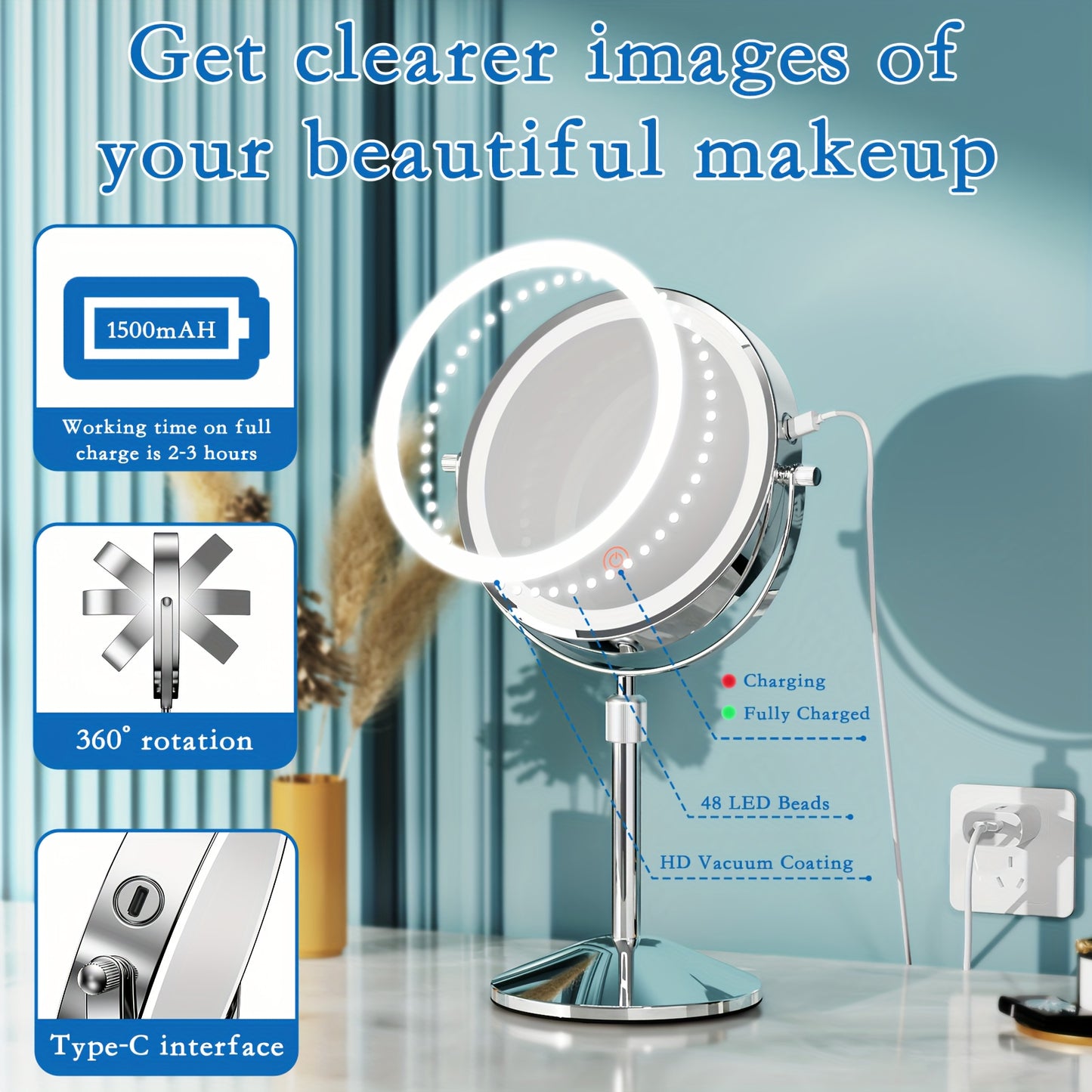 Lighted Rechargeable Vanity Mirror with Adjustable Height and Double Sided