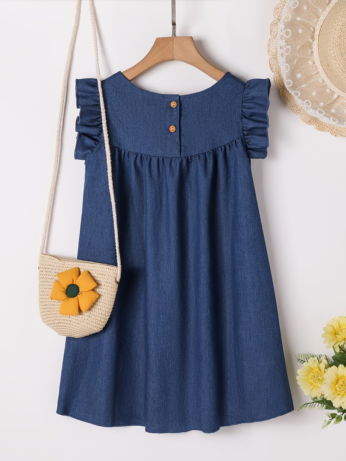 Girls Cotton Embroidered Denim Dress Frill Sleeve Loose Casual Fashion Dress