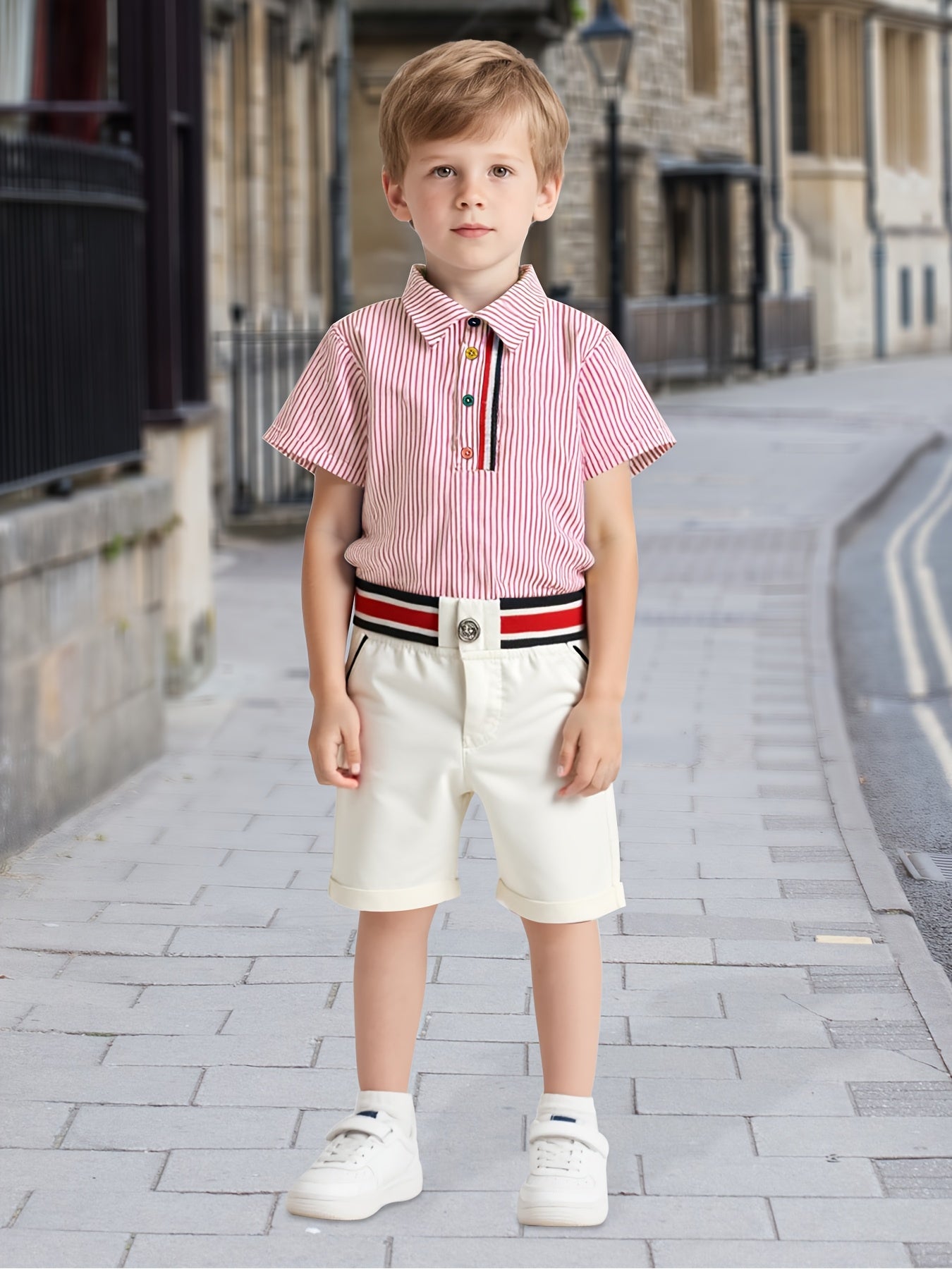 Boys Summer New European American Style Korean Short Sleeved Shirt Elastic Shorts Set Two Pieces