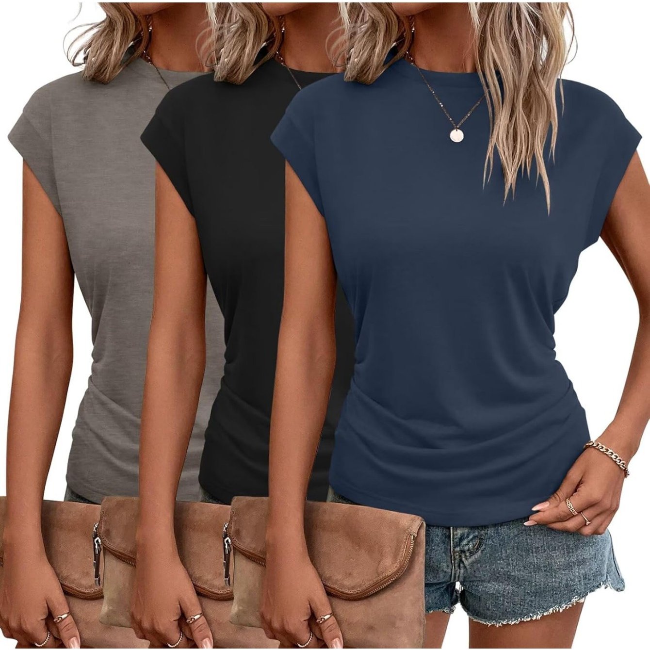3-Pack Women's Cap Sleeve Crewneck T-Shirts for Versatile Style