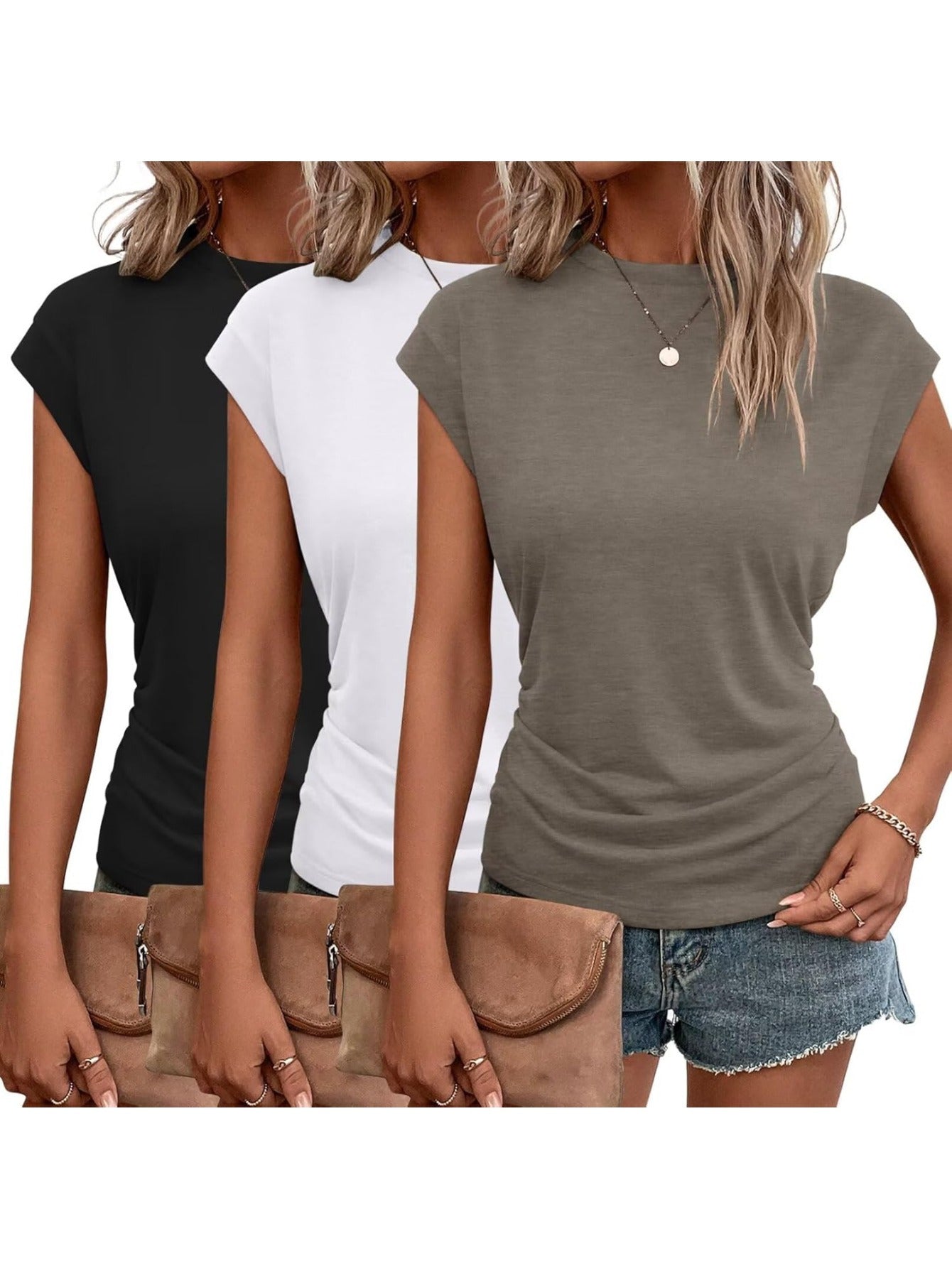 3-Pack Women's Cap Sleeve Crewneck T-Shirts for Versatile Style