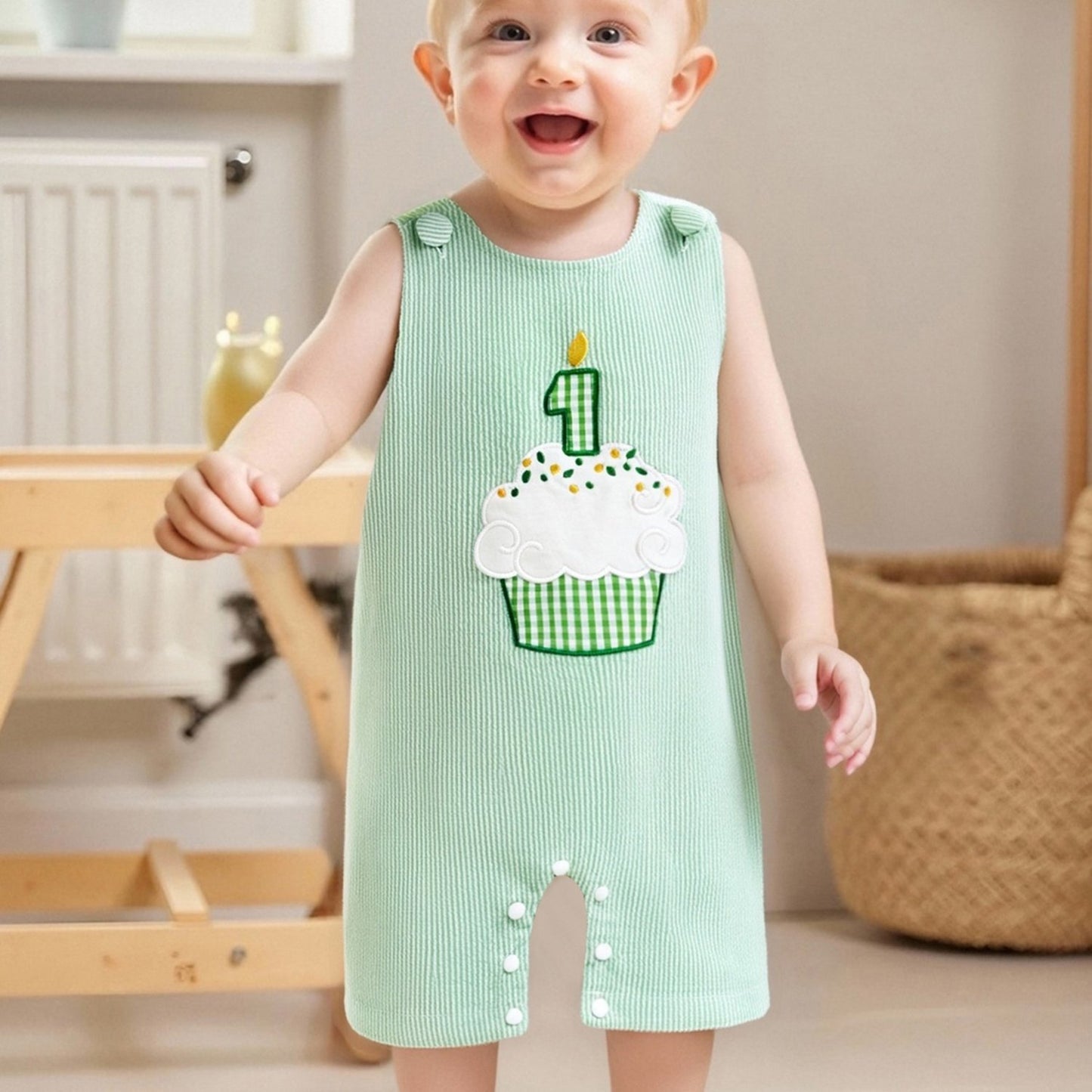 Baby Boys Rompers Birthday Clothes Cake Embroidery Stripe Summer Sleeveless Overalls Bodysuits Jumpsuits for Outdoor