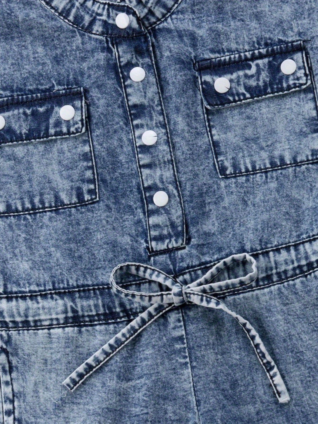 Girls Denim Jumpsuit Cute Sleeveless Folded Collar Button Outfit with Chest Pockets All Season Solid Color Woven Clothing