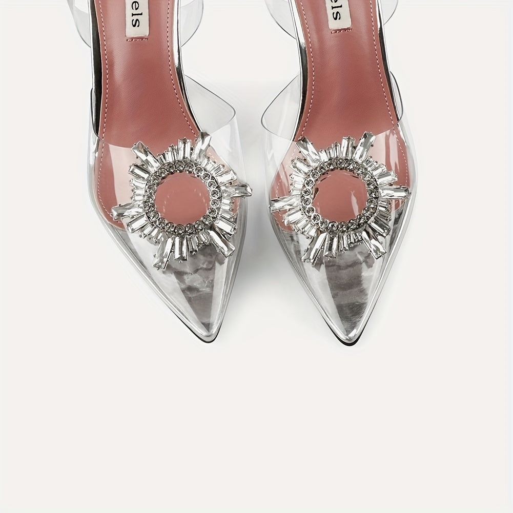 Women's Sparkling Rhinestone Embellished Ankle Strap Slingback High Heel Pumps Pointed Toe Summer Wedding Party Bridal Shoes Faux Cover Rubber Sole