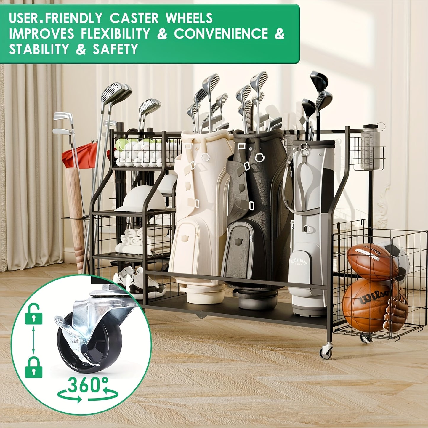 Golf Equipment Organizer With Wheels For Home And Garage