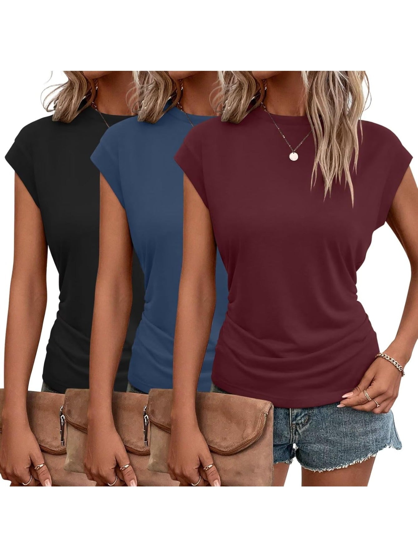 3-Pack Women's Cap Sleeve Crewneck T-Shirts for Versatile Style