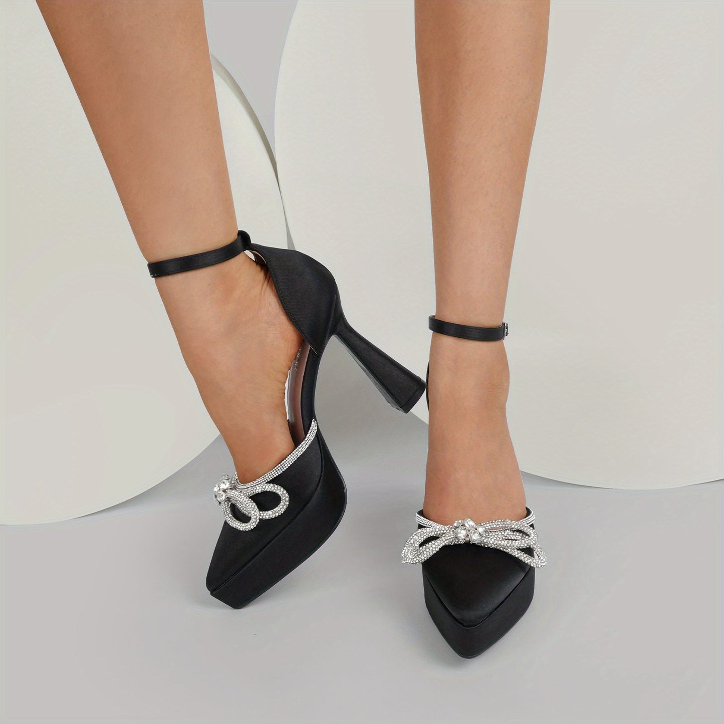 Jenn Ardor Platform Heels for Women Rhinestone Sparkly Bow High Heels Closed Pointed Toe Stilettos Ankle Strap Pumps for Wedding Party and Prom