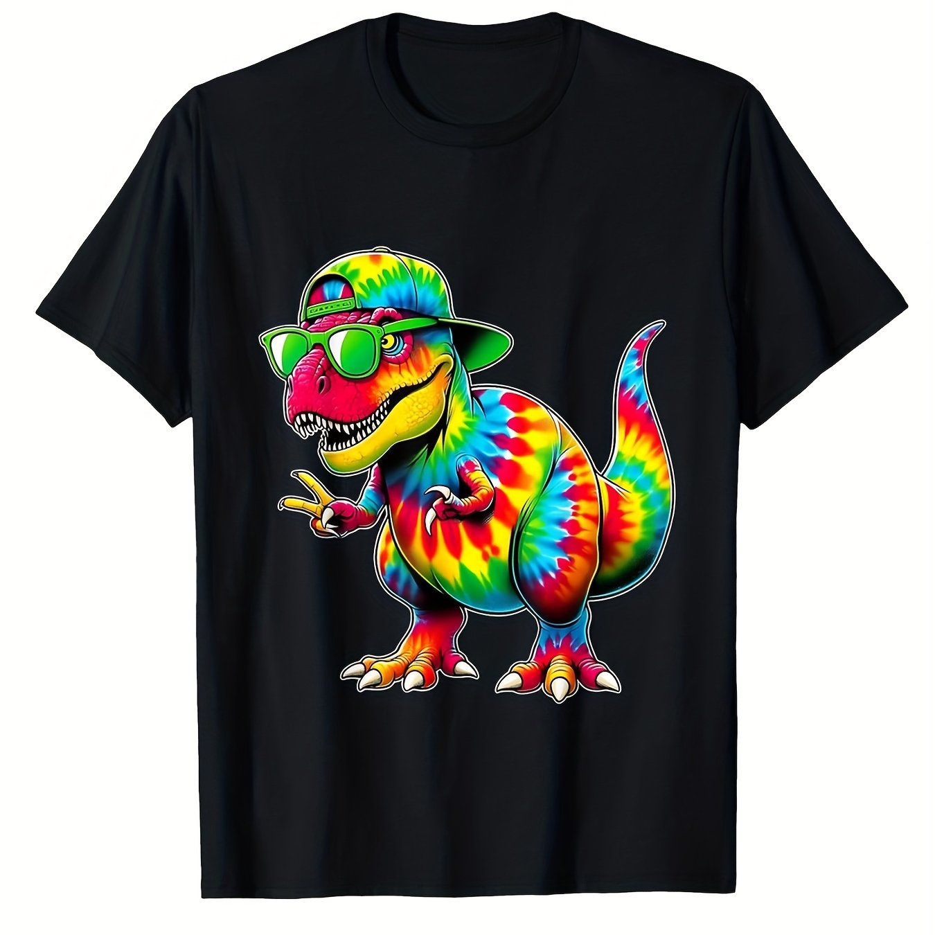 Tie-Dye Dinosaur Peace Sign Hippie T-Shirt 100 Percent Cotton Casual Short Sleeve Round Neck Tee for Boys Full Body Print