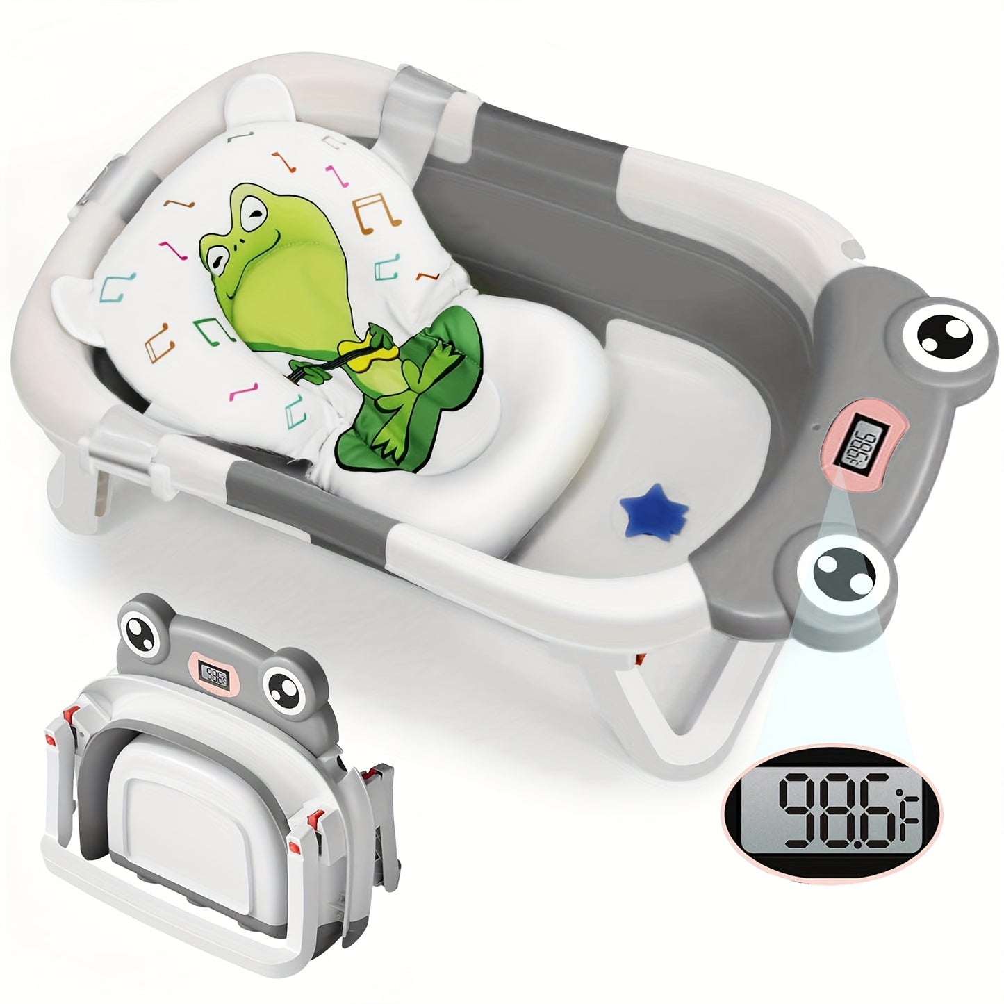 Foldable Bathtub for Youngsters with Soft Cushion and Thermometer