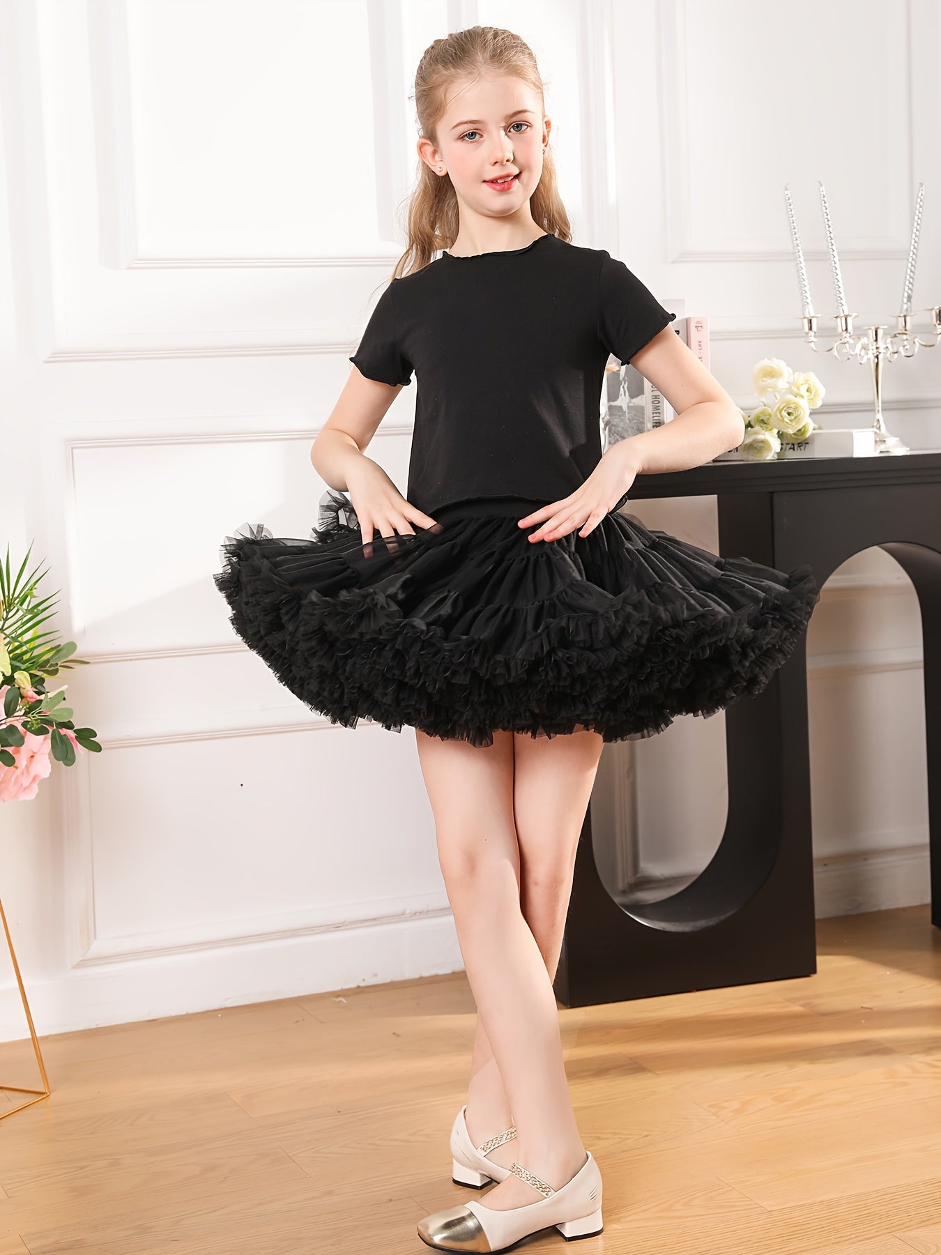 Elegant Girls 2pcs Solid Crew Neck Short Sleeve T-shirt Top and Tutu Skirt Set for Summer Party Gift