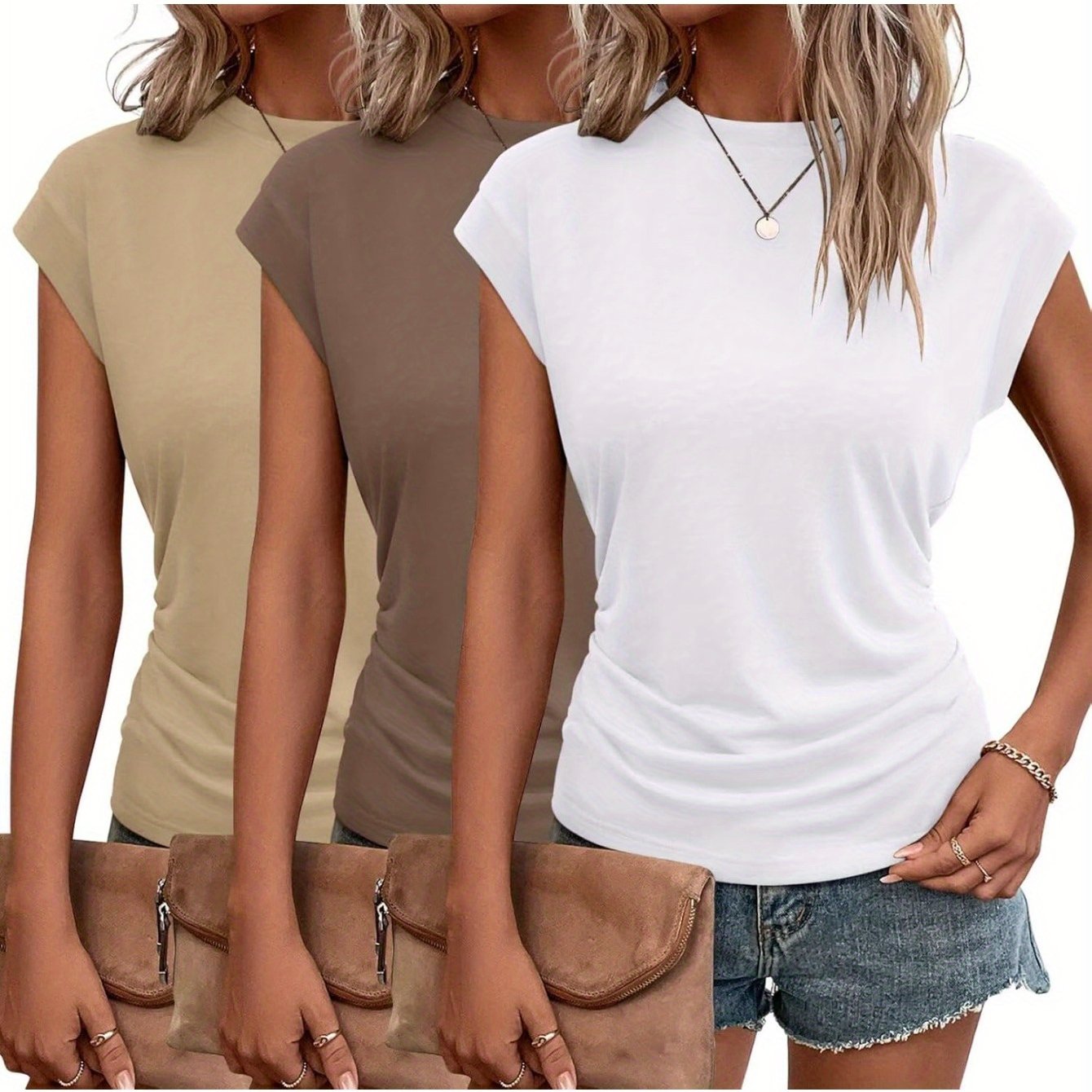 3-Pack Women's Cap Sleeve Crewneck T-Shirts for Versatile Style