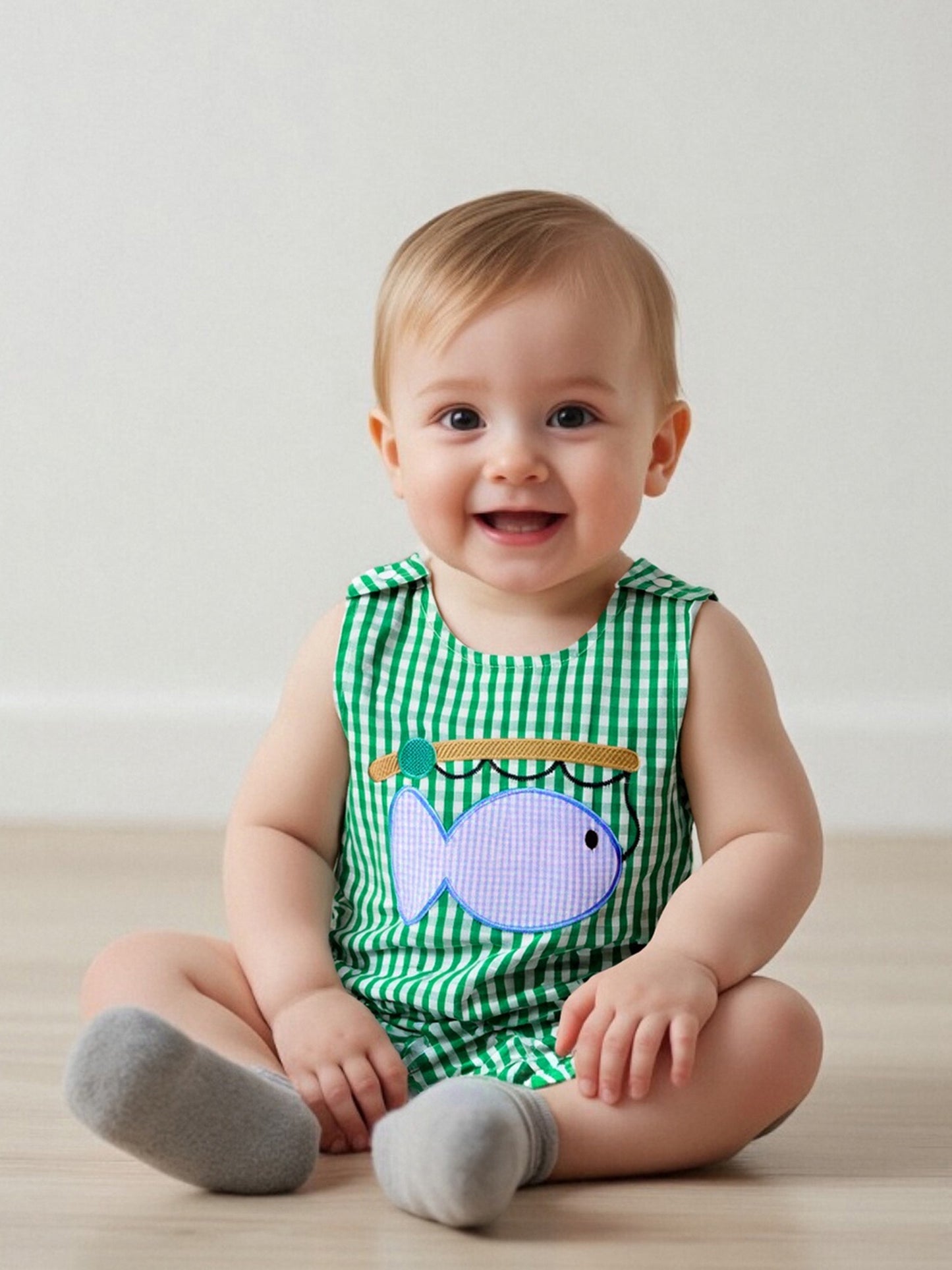 Baby Boys Summer Romper Embroidered Fish Plaid Sleeveless Jumpsuit Loose Fit Machine Washable Infant Overalls Newborn Breathable Casual Outfit Easy Diaper Change Soft Text