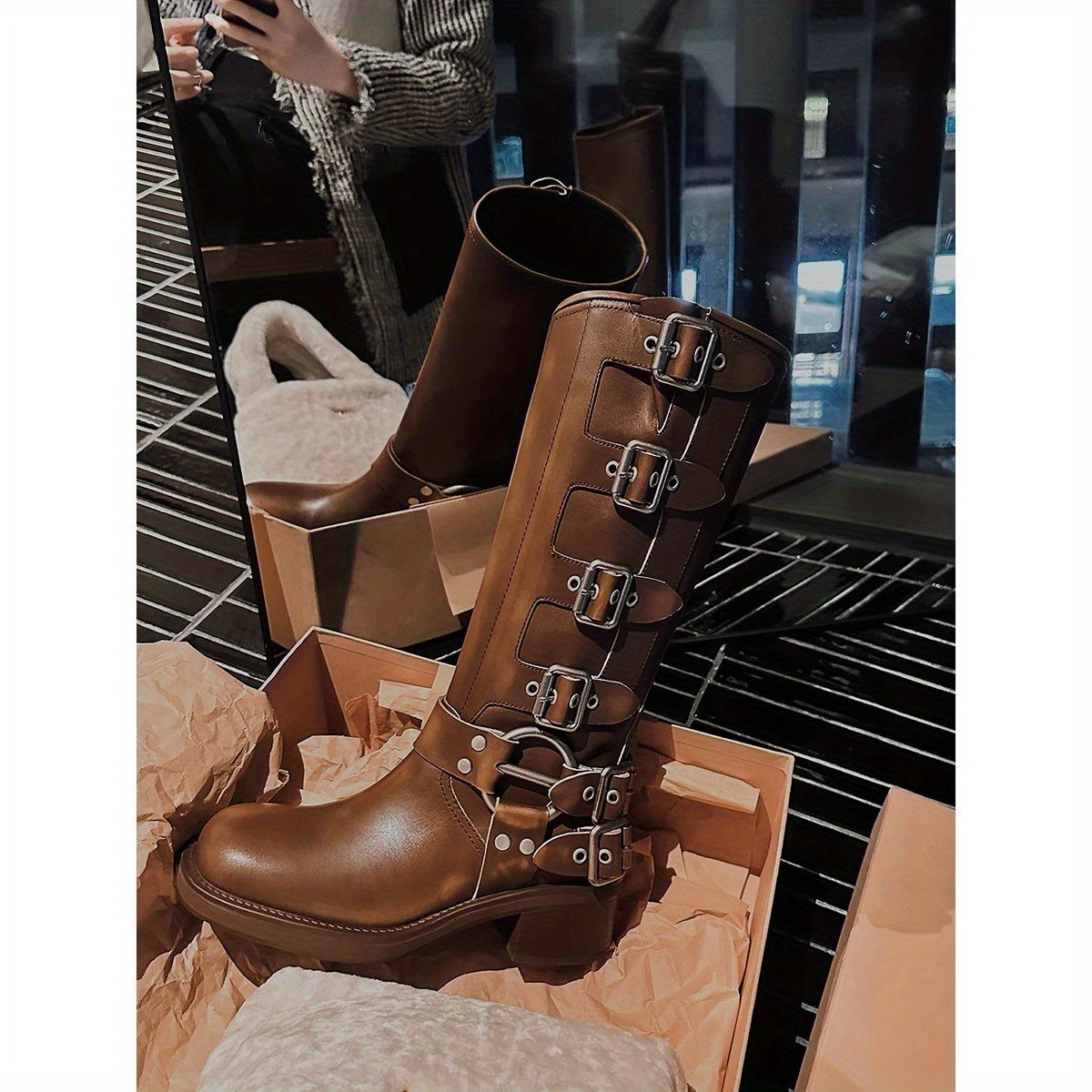 Women's Knee-High Cowboy Boots with Cushioned Insole and Buckles